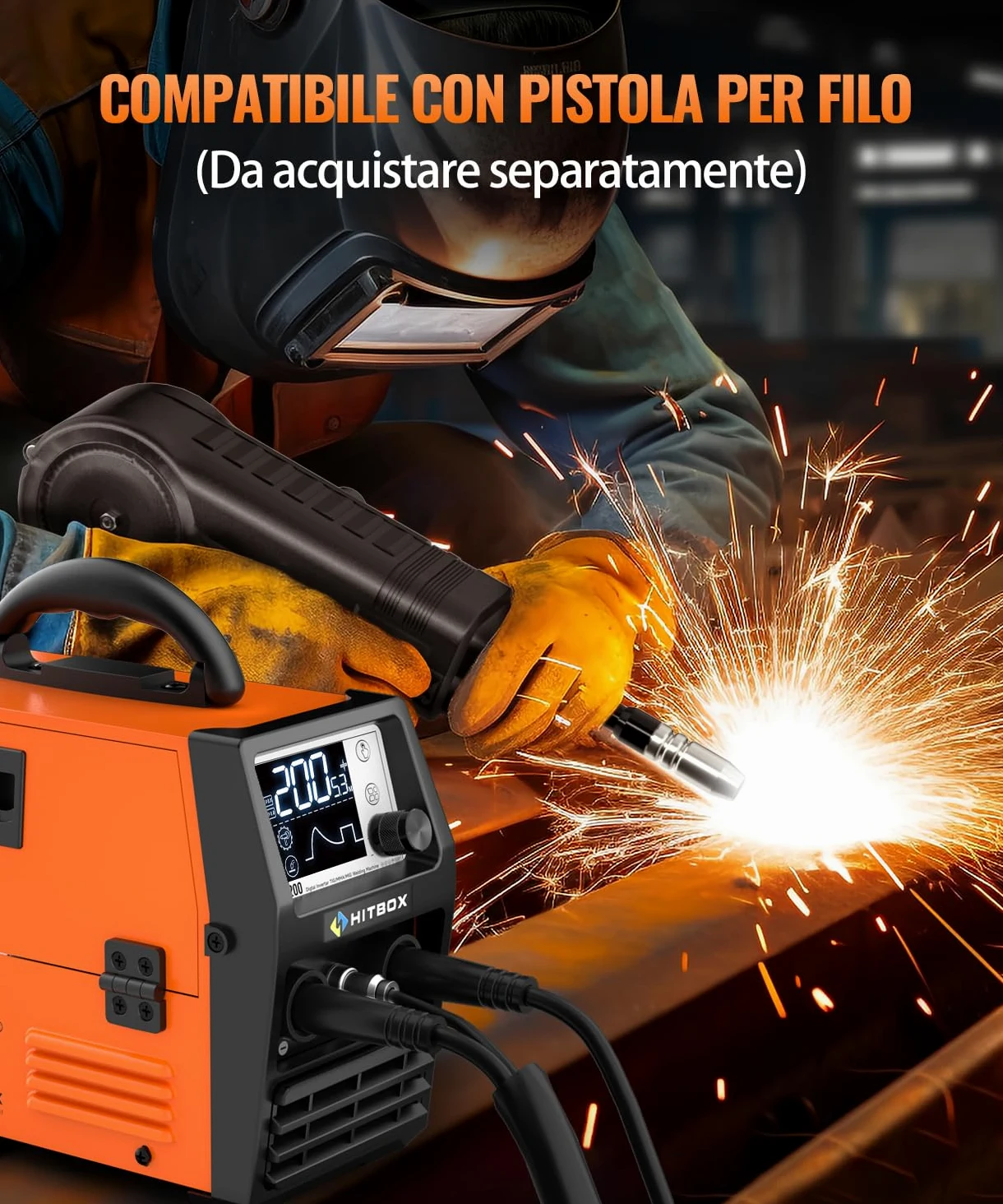 HITBOX Saldatrice a Filo 200A 4-in-1 Portatile - 230V MIG Senza Gas, ARC, LIFT TIG, Spool Gun, LED Display Digitale, Ideale per Principianti e Hobby(HIM200)