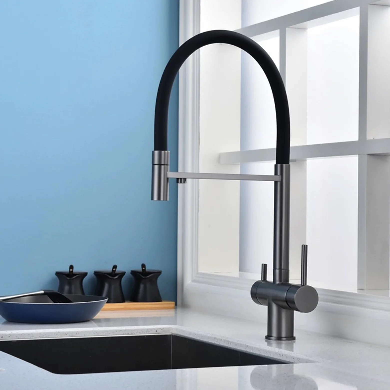 XJTNLB Miscelatore Cucina 3 Vie Acciaio Inox Oro Spazzolato+Bianco Rubinetto Tre Vie con Doccetta Estraibile Miscelatore Cucina con Doccetta Estraibile
