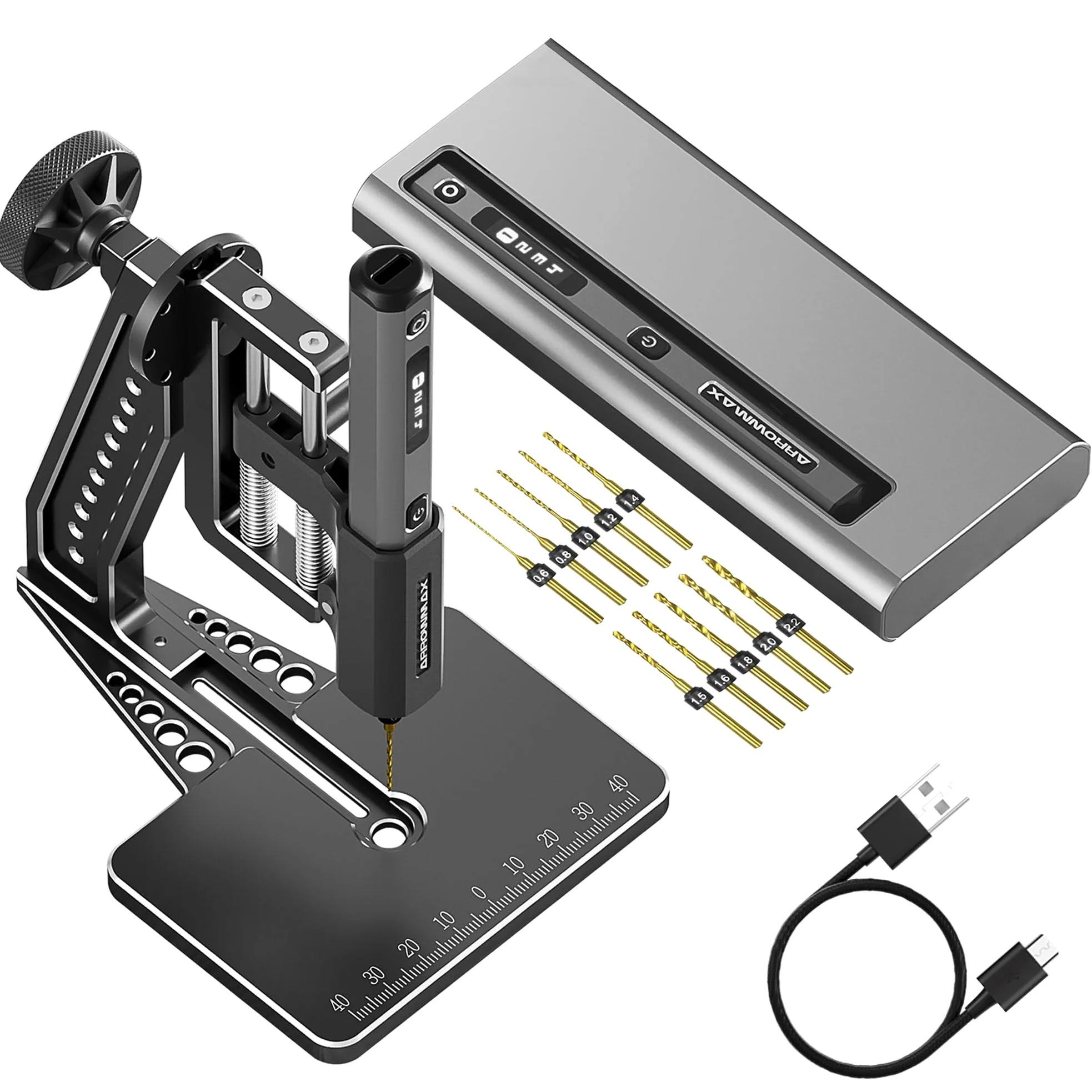 Mini trapano elettrico a 4 velocità con pressa da banco Hedgehog, 10 punte piccole ARROWMAX con scatola in alluminio, display OLED, luci LED, mandrino autoserrante da 3/32 pollici (SDS ULTRA PLUS)