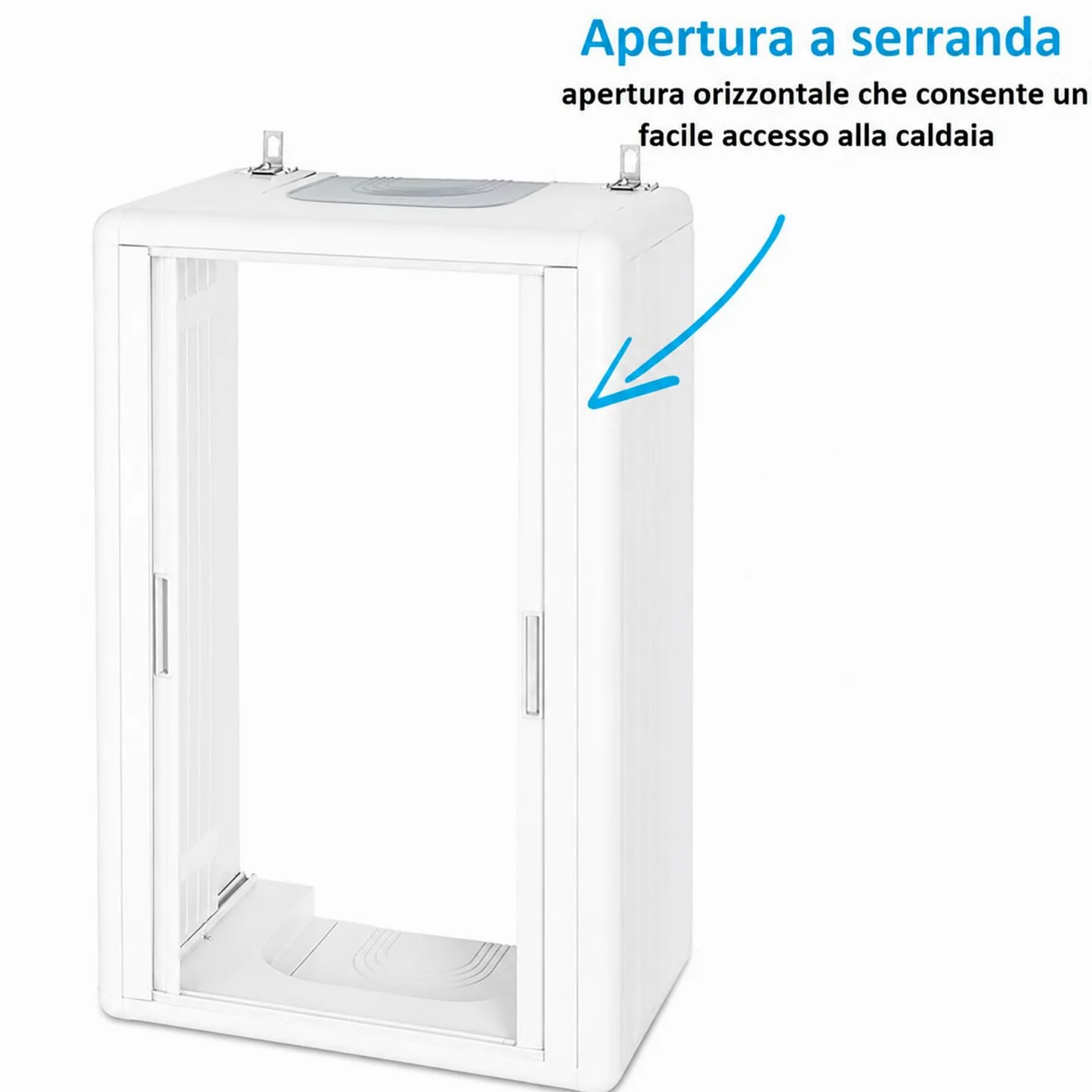 Virsus Mobile Copricaldaia di colore Bianco, Misura 58,5x38,5x98 cm, Apertura a Serranda Orizzontale, Materiale Alveolato Isolante e Ignifugo, Protezione per Caldaia da Esterno ed Interno -HIM902