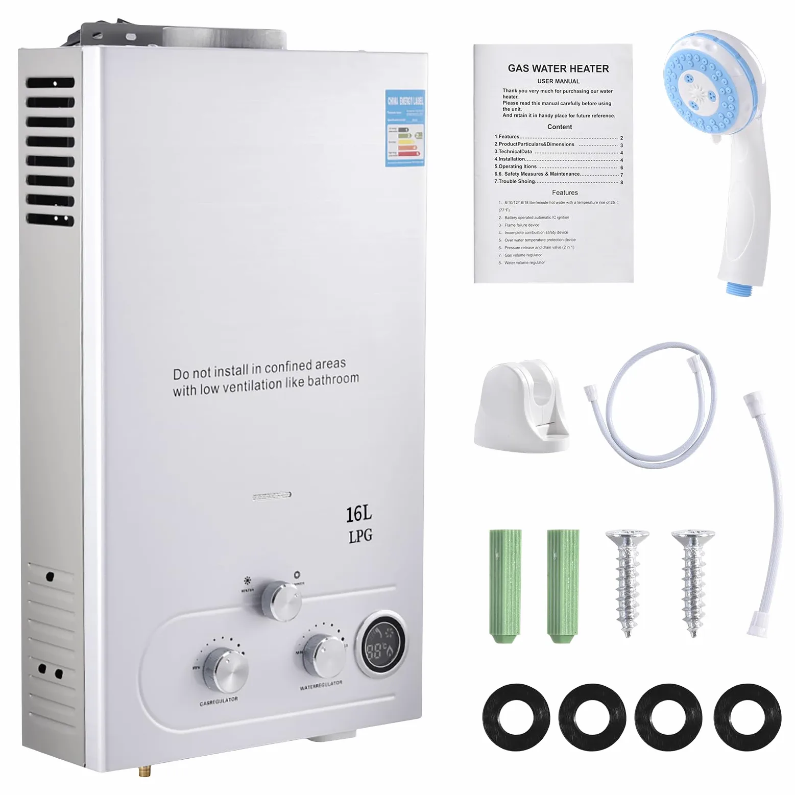 GPL 16L Scaldabagno a Gas Propano, Scaldabagno Istantaneo Senza Serbatoio da 32KW con Kit Doccia, Bruciatore per Caldaia per Campeggio, Camper, Casa(Argento)