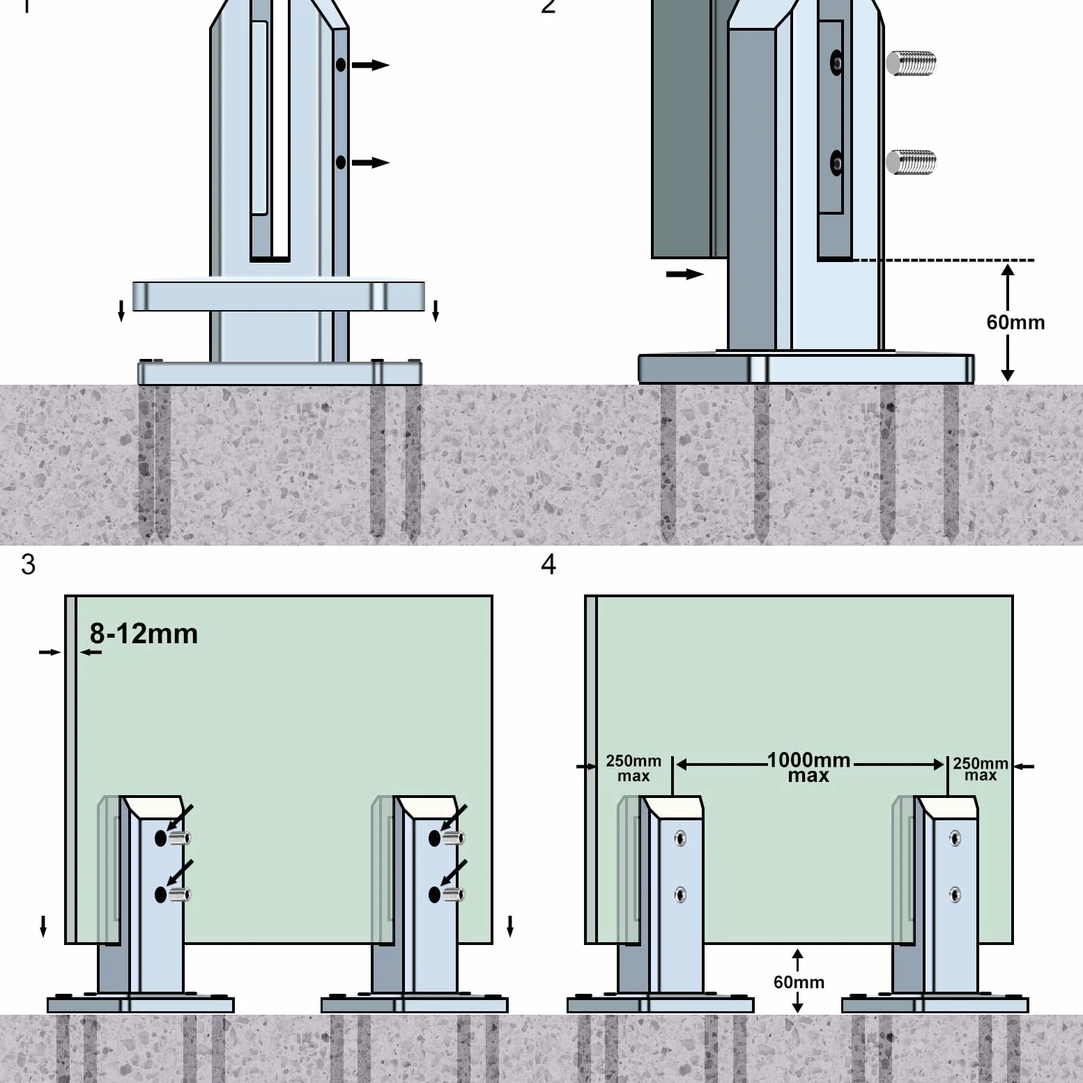LukLoy T304 - Set di 10 punte quadrate in acciaio inox per ringhiere in vetro resistente senza telaio per recinzioni di piscina, balaustre da terrazzo, balcone, terrazza, scale, interni e