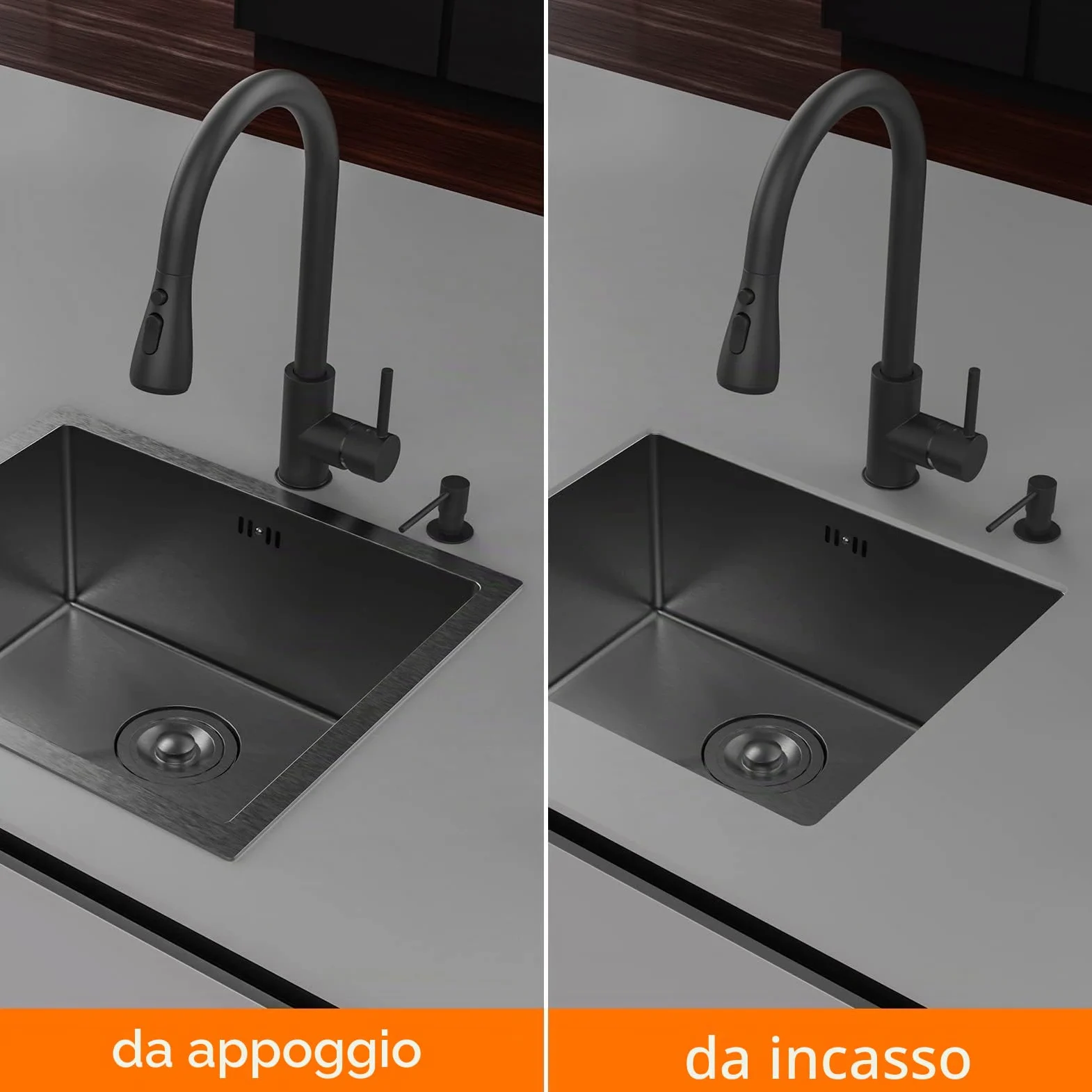 Ibergrif M85043B Lavello Cucina in Acciaio Inox 50x43 cm, Installazione a Sopratop o Filotop con Sifone Antiodore e Kit Scarico Completo, Grigio Scuro