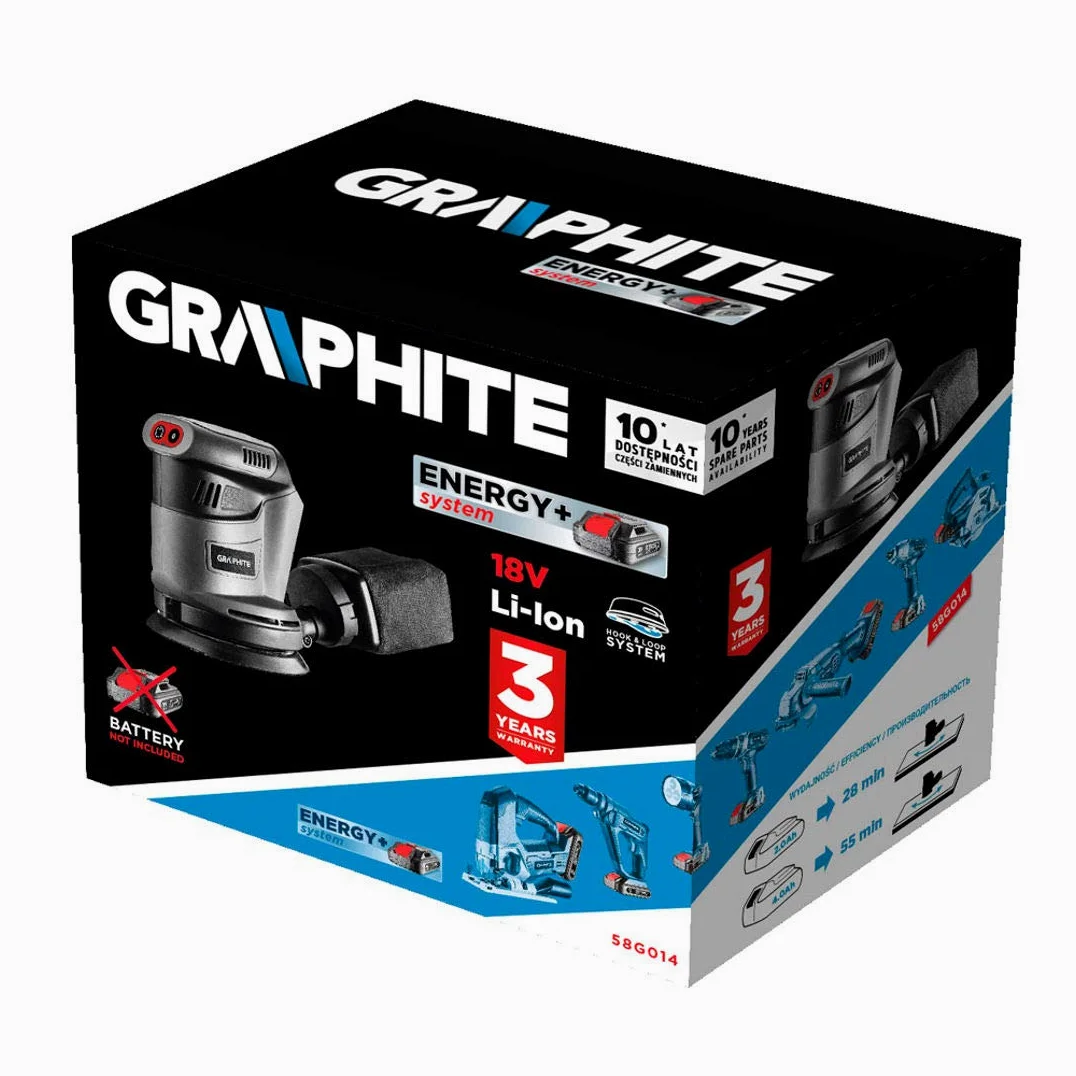 GRAPHITE Levigatrice eccentrica a batteria Energy+ 18V, platorello 125 mm, 5000/7000/9000 giri/min, 10000/14000/18000 giri/min, oscillazione 10000/14000/18000 giri/min, ampiezza di oscillazione 2,7 mm