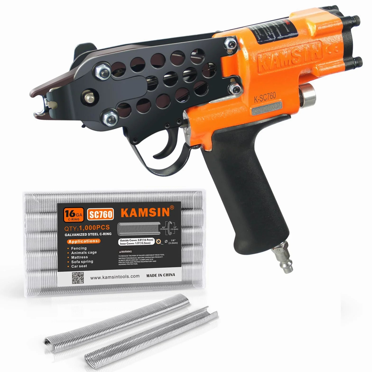 K-SC760 Kit Pistola Pneumatica per Anelli a 'C' da 16 Gauge – Pinzatrice per Anelli da 1/2" con 1000 Pezzi di Graffette (Chiusura 3.0-4.8mm)–Ad Aria Compressa per Gabbie Metalliche e Recinzioni