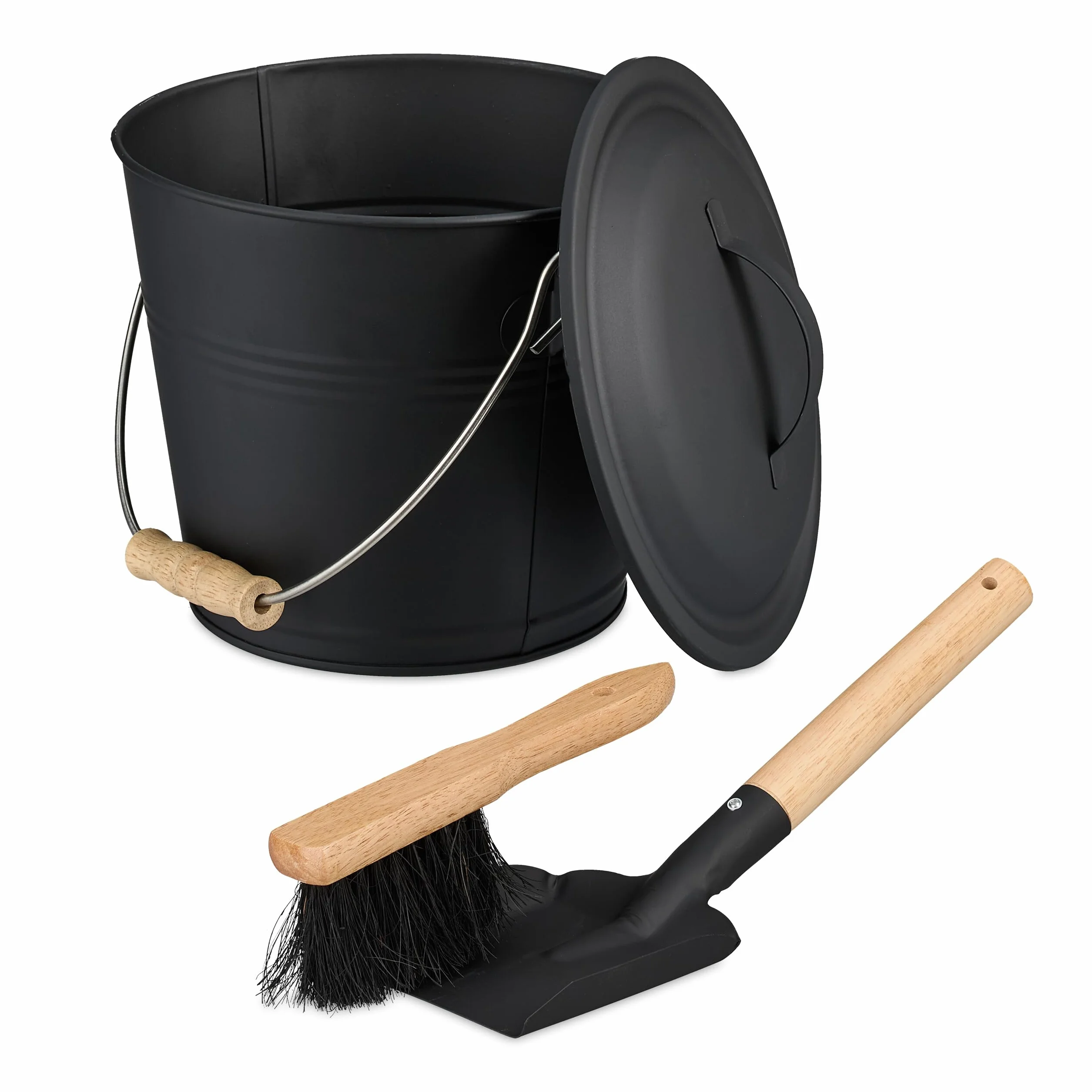 Relaxdays Secchio Raccogli Cenere con Coperchio, Cestello 4,5 L con Scopa e Paletta da Camino, in Legno e Ferro, Nero