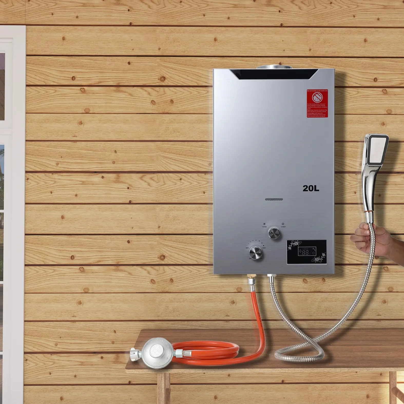 Scaldabagno a Gas GPL 20L, Scaldabagno Istantaneo a Propano, 40KW a Parete senza Serbatoio Scaldacqua Istantaneo Senza Serbatoio con Kit Doccia, Funziona a Bassa Pressione dellAcqua