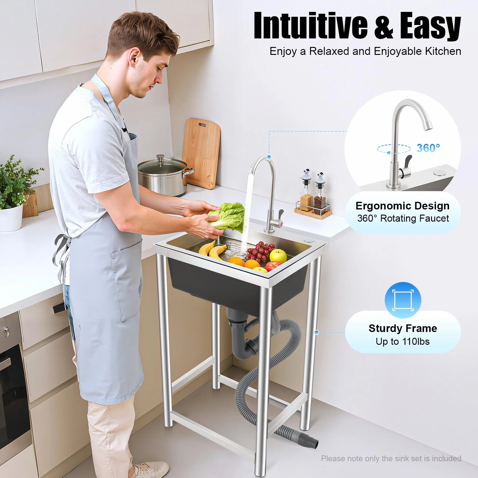 Lavandino da Esterno, 45x41x75cm Lavandino, Lavabo da Esterno, Carico Telaio 50kg, Lavandino da Esterno con Mobile, Lavabo da Giardino per Cucine, Lavanderie, Garage e Giardini (Argento/Nero)