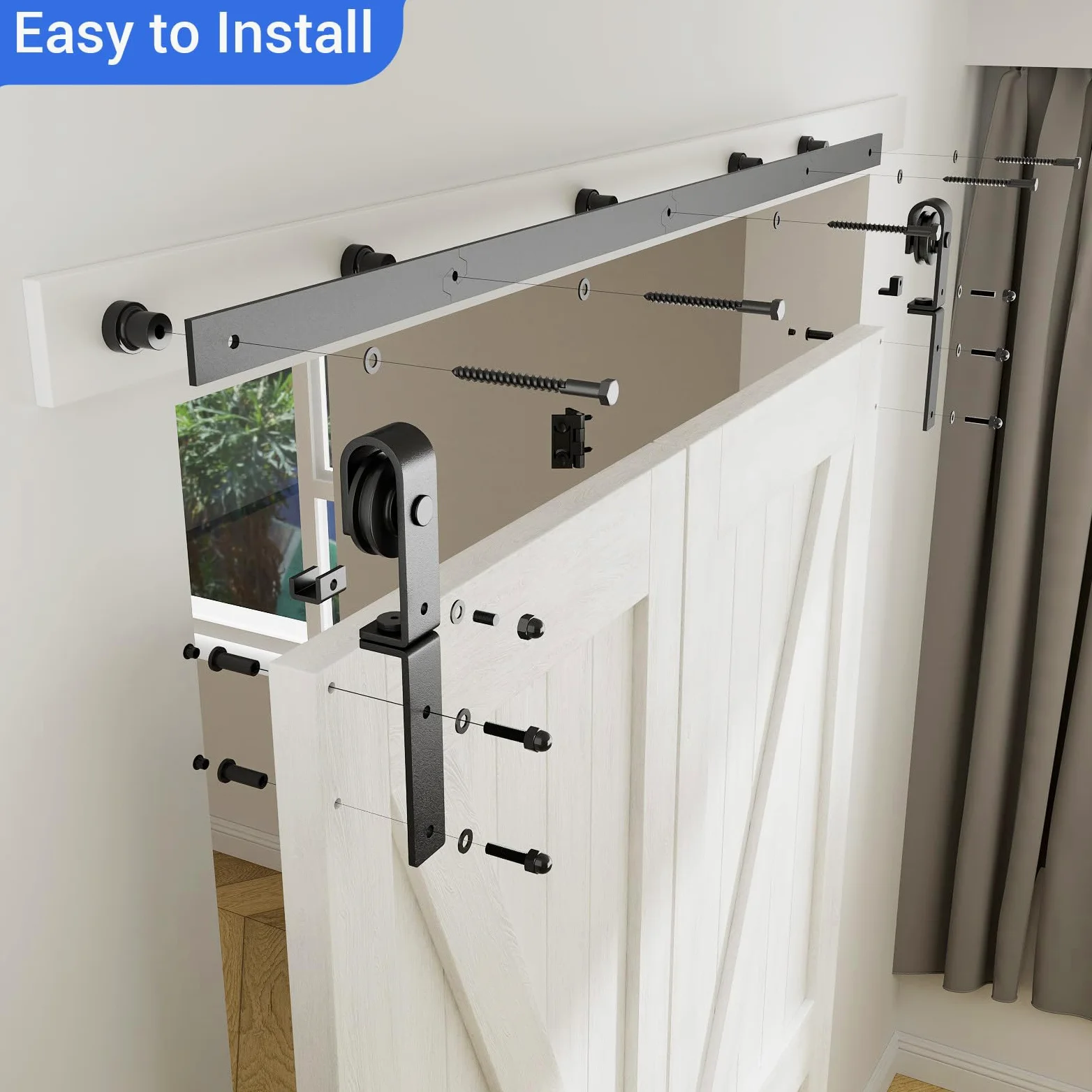 203cm/6.6FT Binario per Porta Scorrevole Bifold Kit Porta Scorrevole Nera per 2 Porte Scorrevoli Interno Esterno Muro 99cm Larga