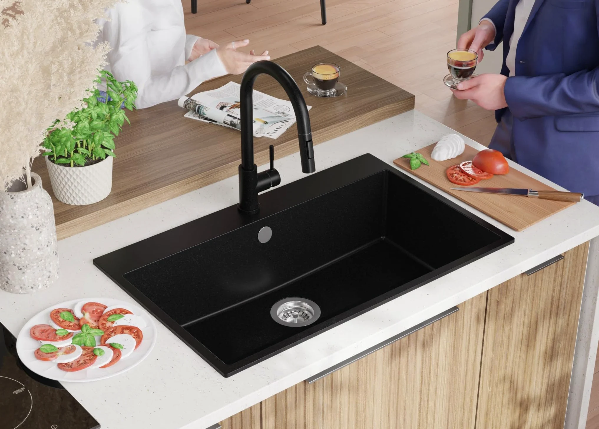 PRIMAGRAN Lavandino da Cucina Tutto Nero 78x50cm, Lavello in Granito a 1 vasca + Rubinetto 40x20cm + Set di accessori, Lavabo da Cucina Incasso al Mobile 80cm - Riga S483