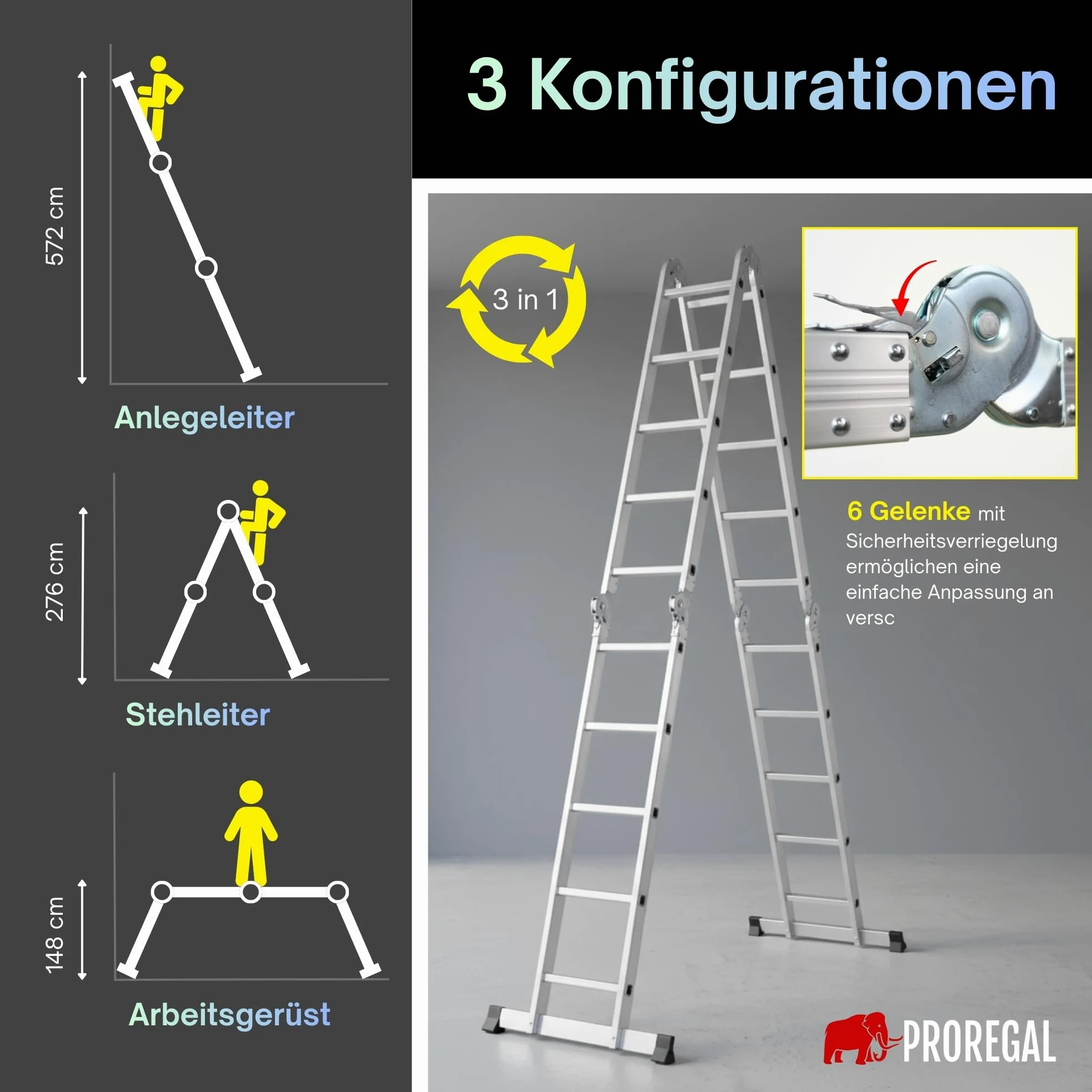 PROREGAL Scala multiuso a pioli MULTISTEP, 4 sezioni in alluminio, 4x5 pioli, altezza fino a 5,7 m, portata 150 kg, ponteggio di lavoro, scala a pioli, scala a pioli appoggiata