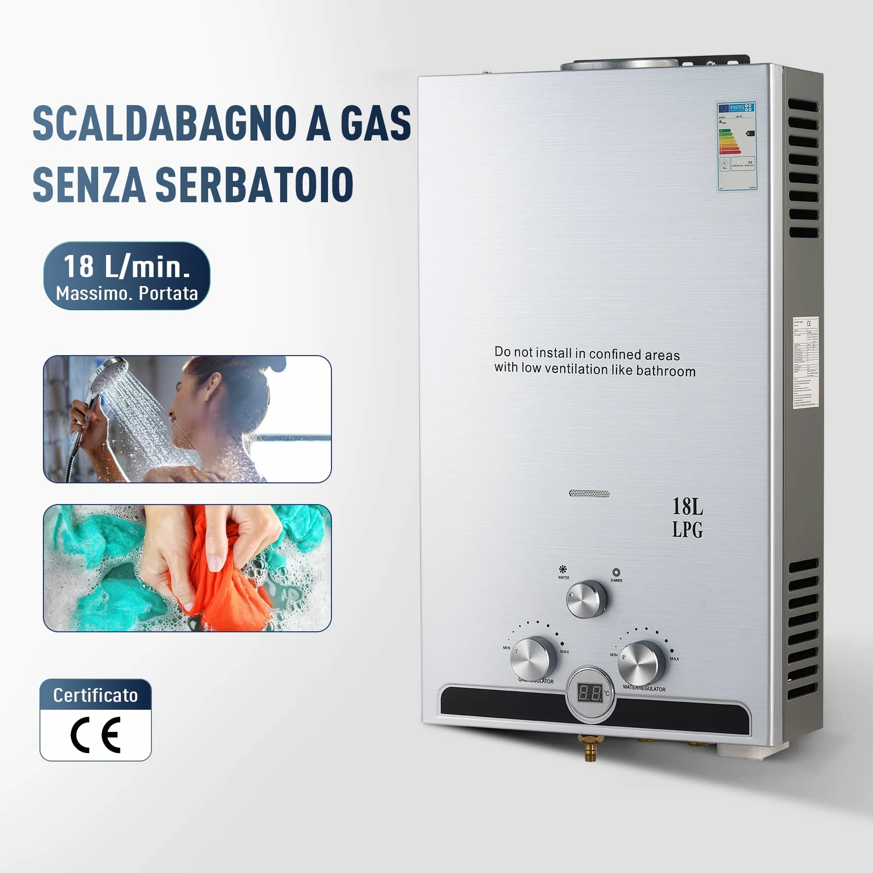 CO-Z Scaldabagno a Gas GPL 18L con Modalità Inverno ed Estate Caldaia a Gas GPL da 30.6 kW a Parete senza Serbatoio Scaldacqua Istantaneo Automatico con Anima in Rame e Display a LED (18L)