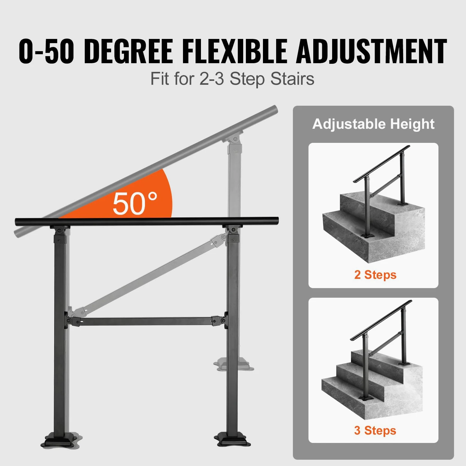 VEVOR Rampa Scala 914,4 mm Ringhiera Scala per 3 gradini a mano in acciaio al carbonio regolabile 50° carico 300 kg con kit di installazione per pavimenti in cemento legno piastrelle in ceramica