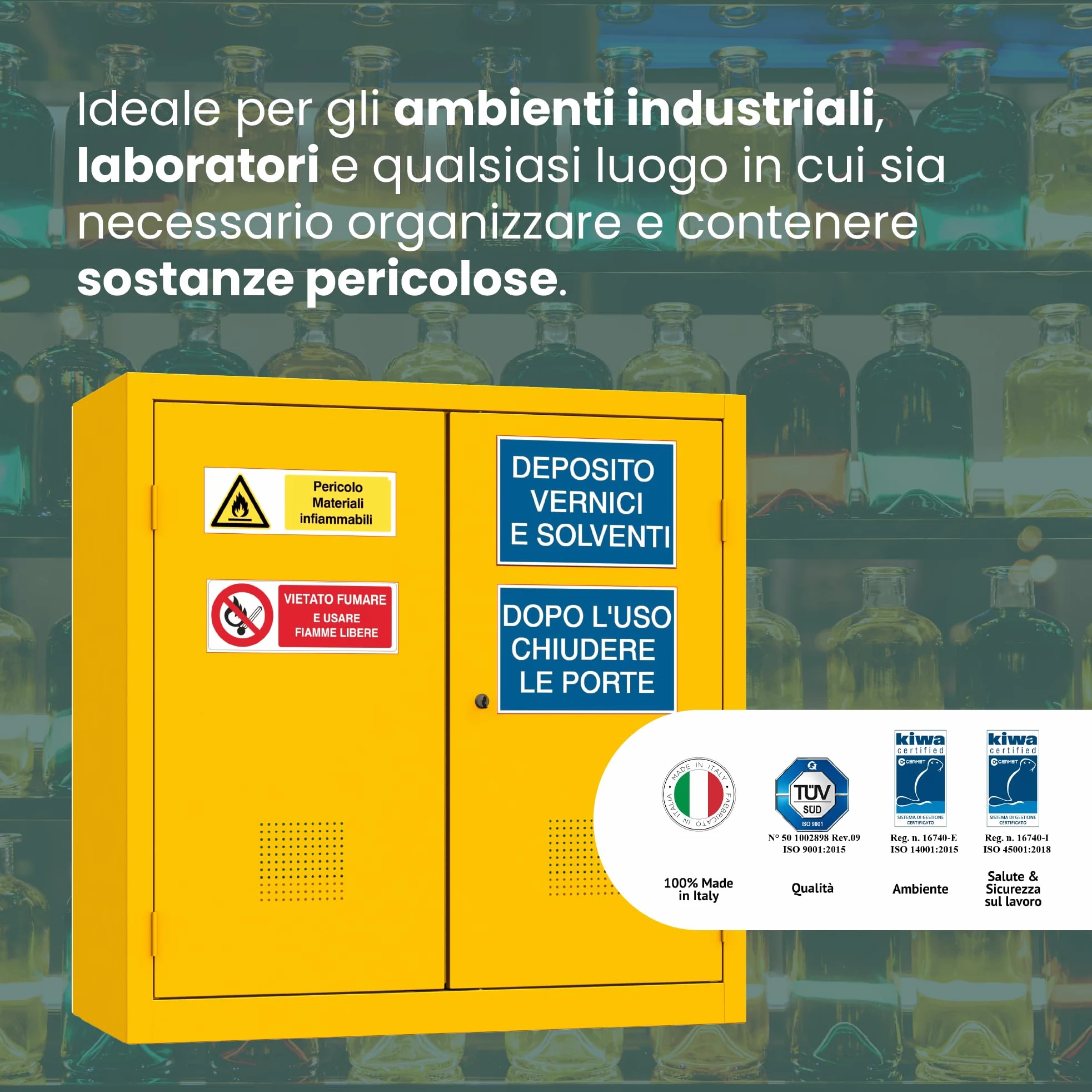 XLOCKERS Armadio Deposito Liquidi Infiammabili in Metallo per Stoccaggio e Protezione di Sostanze Pericolose, 3 Ripiani, Giallo RAL 1003, 100x45x100 cm, Made in Italy