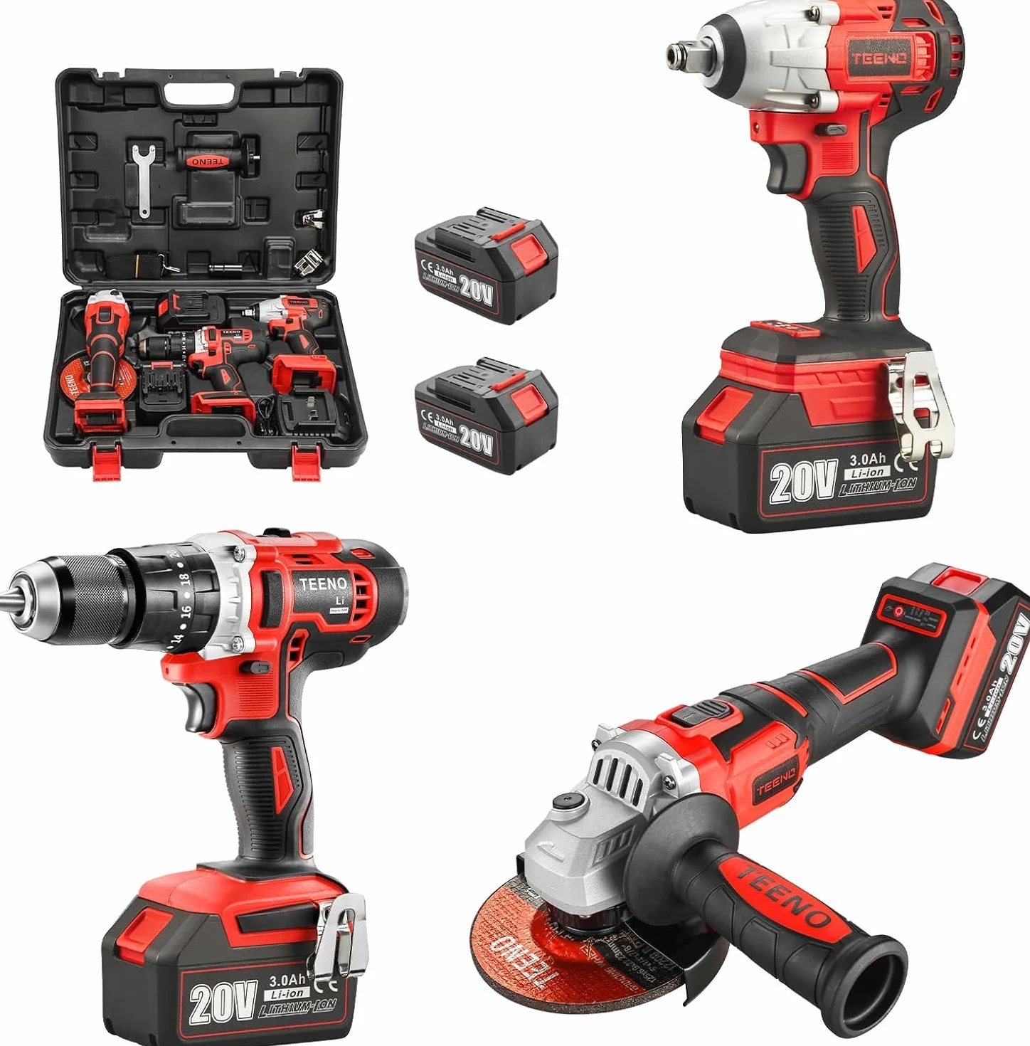 TEENO Kit di utensili 3 pezzi (avvitatore a impulsi senza fili + trapano a percussione + smerigliatrice angolare senza fili) 20V 2xbatteria 3Ah