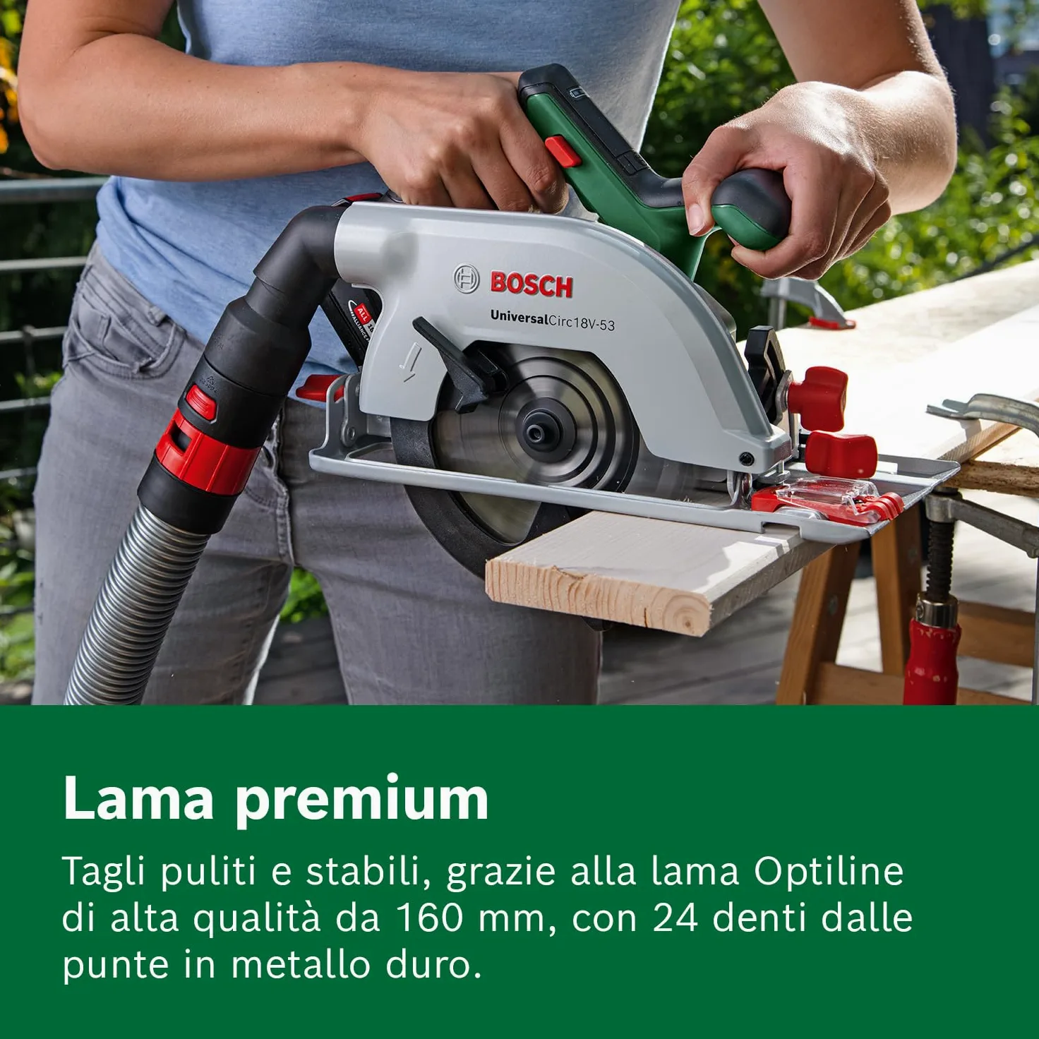 Bosch Sega circolare a batteria UniversalCirc 18V-53 (taglio preciso nel legno; profondità di taglio max. 53 mm; 18 Volt System; 1 batteria da 2,5 Ah e caricabatteria)