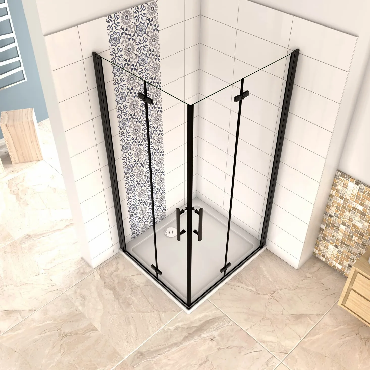 190cm Box Doccia Angolare Doppia Porta Battente Pieghevole 120x80cm in Vetro Temperato Trasparente 5 mm Anticalcare Telaio Nero Opaco