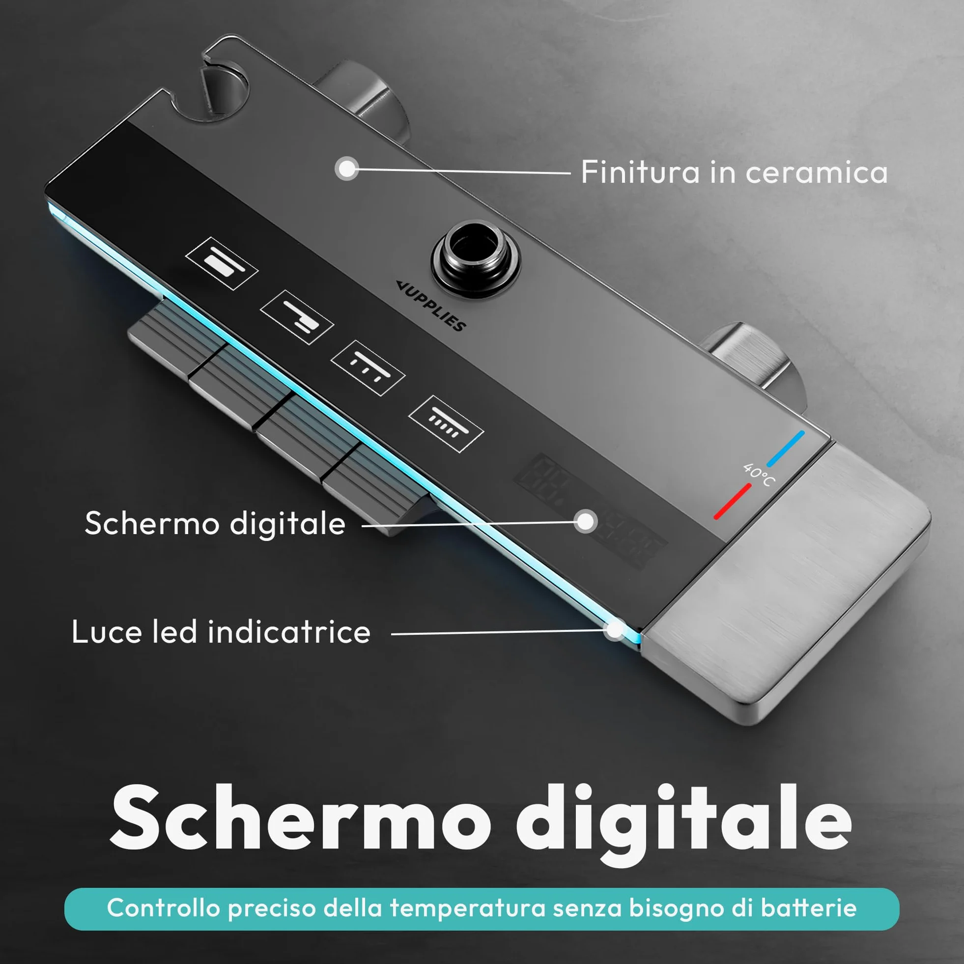 JUPPLIES Colonna Doccia Termostatica Nero Titanio 4 in 1 – Soffione Pioggia 25cm | Display LED | Miscelatore Ceramica | Doccetta + Cascata Vasca | Kit Doccia Completo Nero Opaco