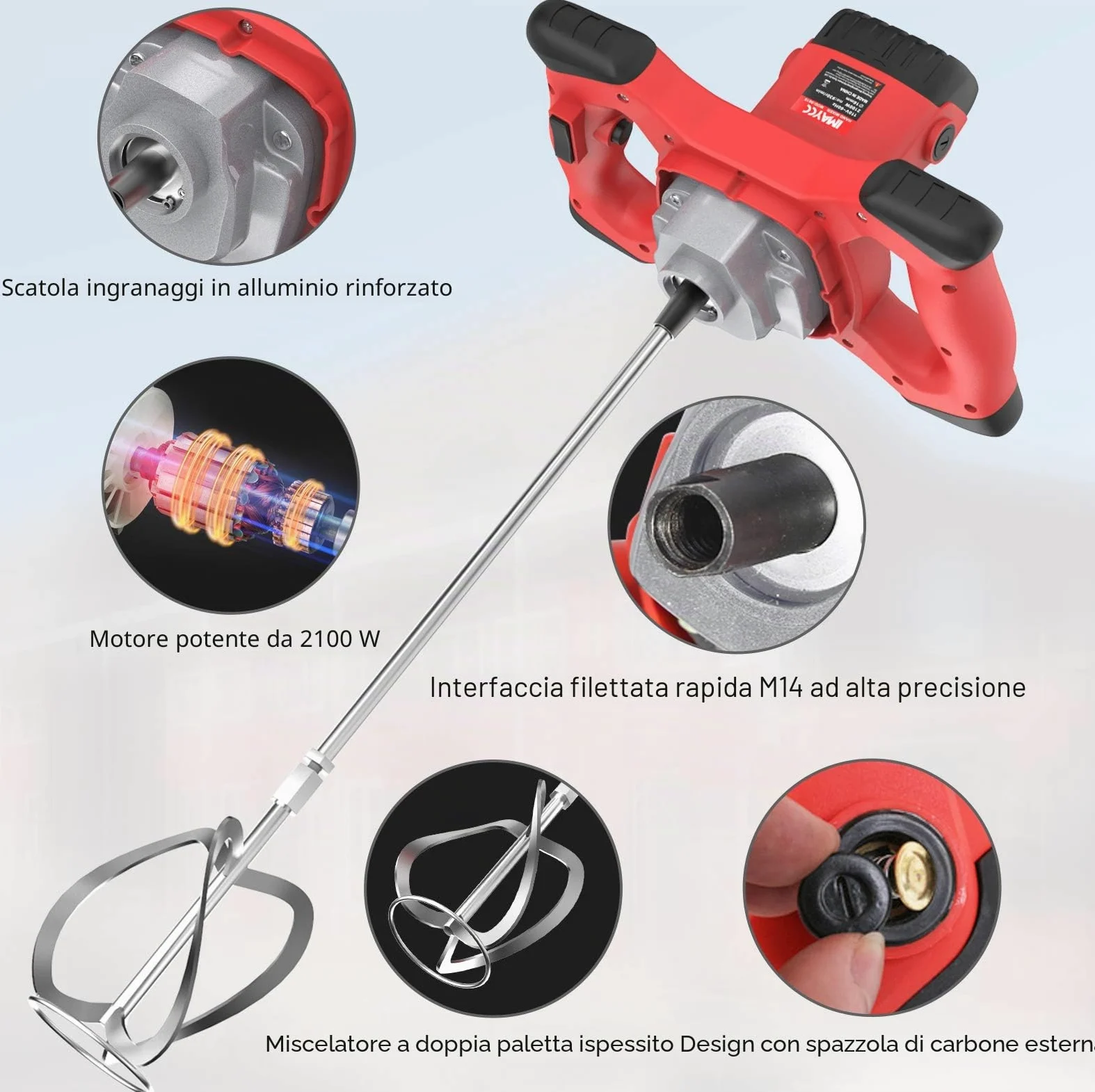 IMAYCC Mescolatore per Malta, 2100W, 270–930 Giri/Min, 6 Marce, Miscelatore per Calcestruzzo, 220 V, M14, Agitatore Manuale per Mangime, Gesso.