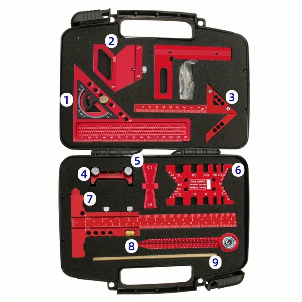 Kit di strumenti di misurazione, set di strumenti di misurazione per la lavorazione del legno con scatola di stoccaggio, righello per carpentiere, calibro per officina fai-da-te professionale (9 pezzi