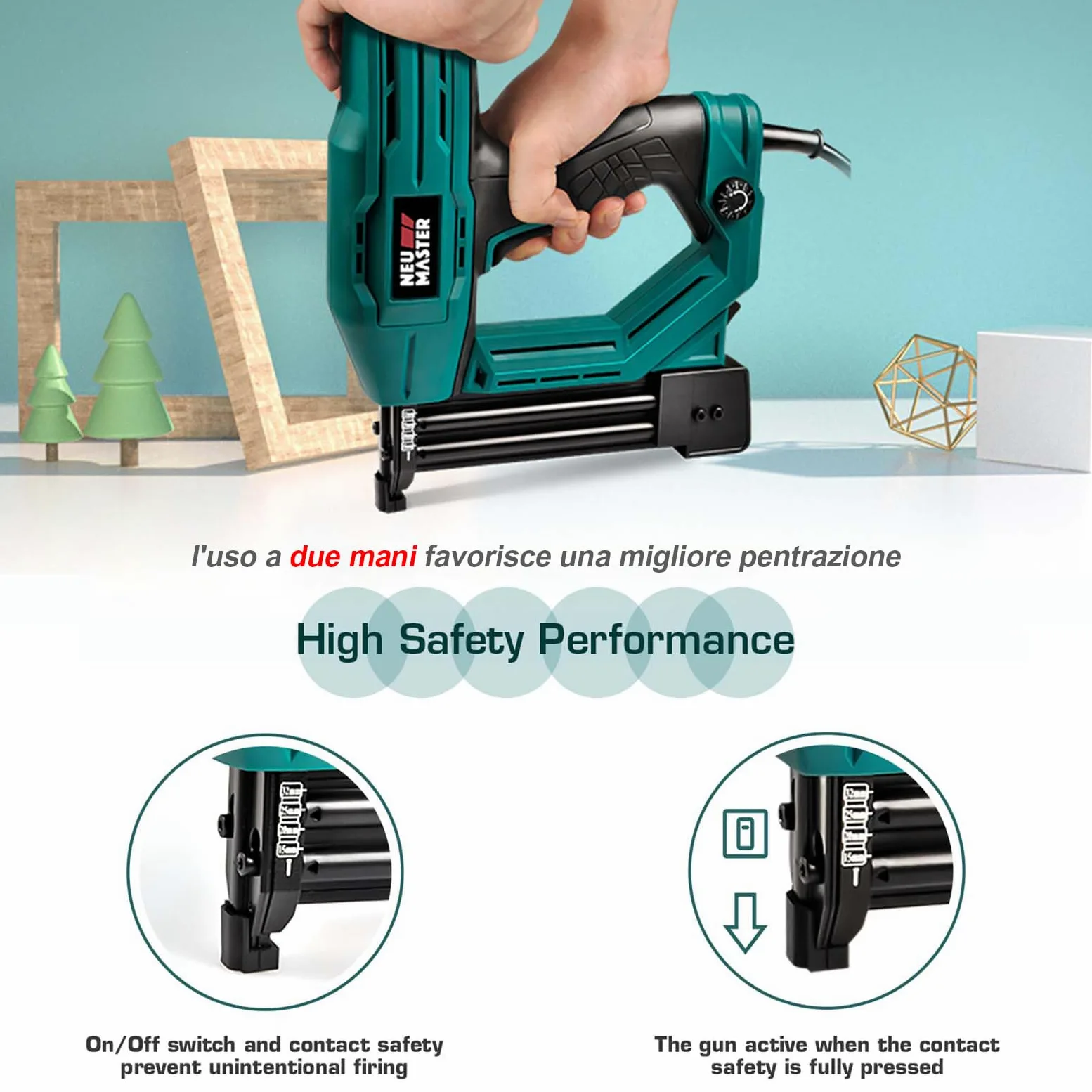 Sparachiodi Elettrica - NEU MASTER Graffettatrice con 200 Graffe e 800 punti Chiodi, Preselezione Elettronica della forza di impatto, Naso di sicurezza,cavo di Alimentazione extra lungo 2 m