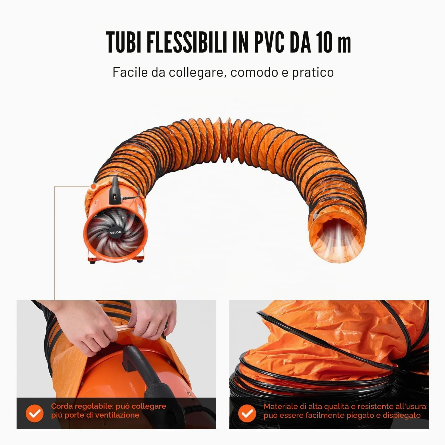 VEVOR Ventilatore Portatile, 365 W Estrattore d'Aria Aspiratore Industriale 304,8 mm Condotto Tubo Flessibile da 10 m Volume d'Aria 2574 CFM (4373 m3/h) 2 Marce per Aspirare Polvere Fumo 79 dB IP44