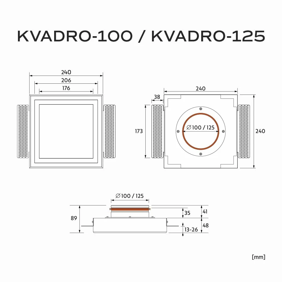 KVADRO-100 - Presa di ventilazione quadrata senza cornice - valvola a disco da 100 mm con magnete - diffusore verniciabile 4"