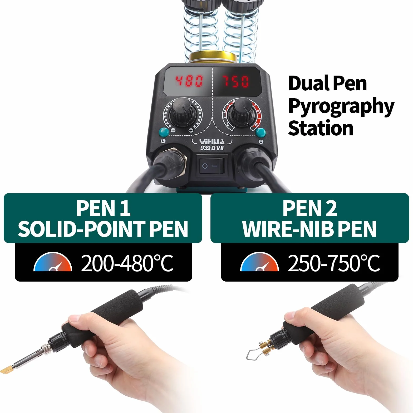 YIHUA 939D-VII pirografo professionale Kit per penna a bruciatura del legno Stazione 2-in-1 Solid-Point 200-480°C (con display di temperatura)/Wire-Nib 250-750°C con 23 punte, 25 punti solidi