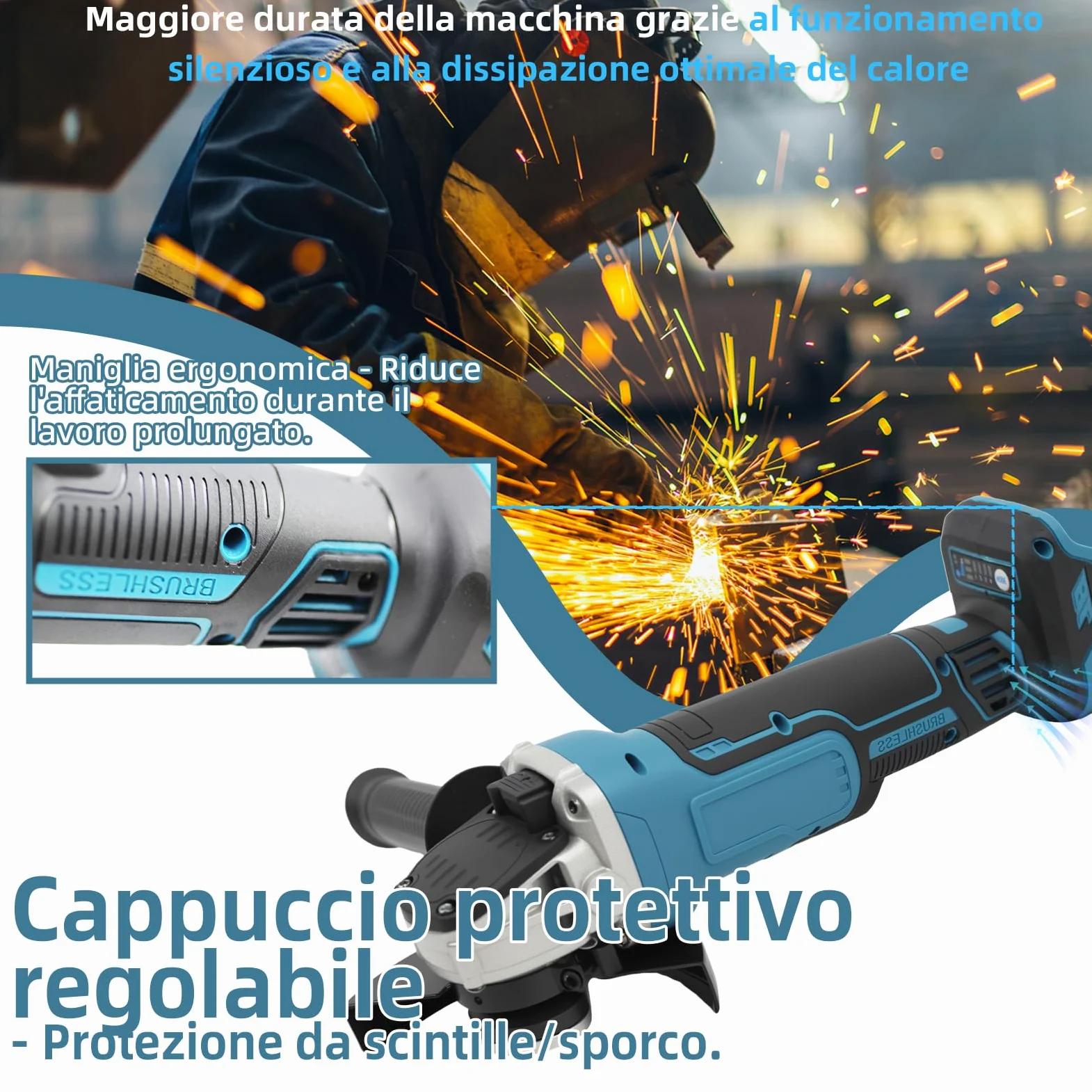 Smerigliatrice angolare a batteria compatibile con Makita 18 V, 8500 giri/min, regolazione della velocità in 4 fasi, disco abrasivo da 125 mm con chiave per levigatura, taglio e lucidatura (senza