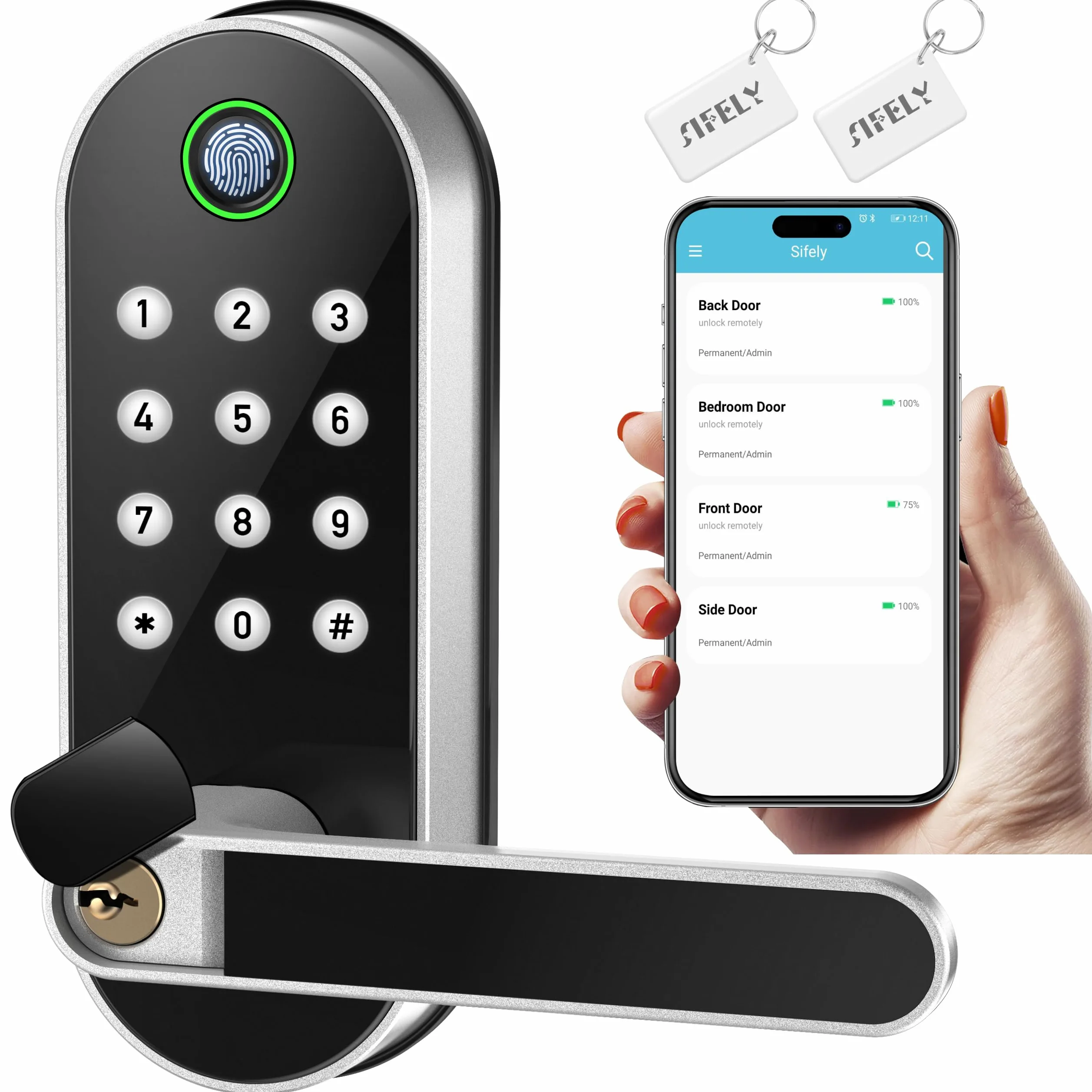 Serratura intelligente con impronta digitale Sifely con maniglia e tastiera: serratura elettronica digitale biometrica Sifely con codice, pomello elettrico per porte anteriori, interni, esterni e