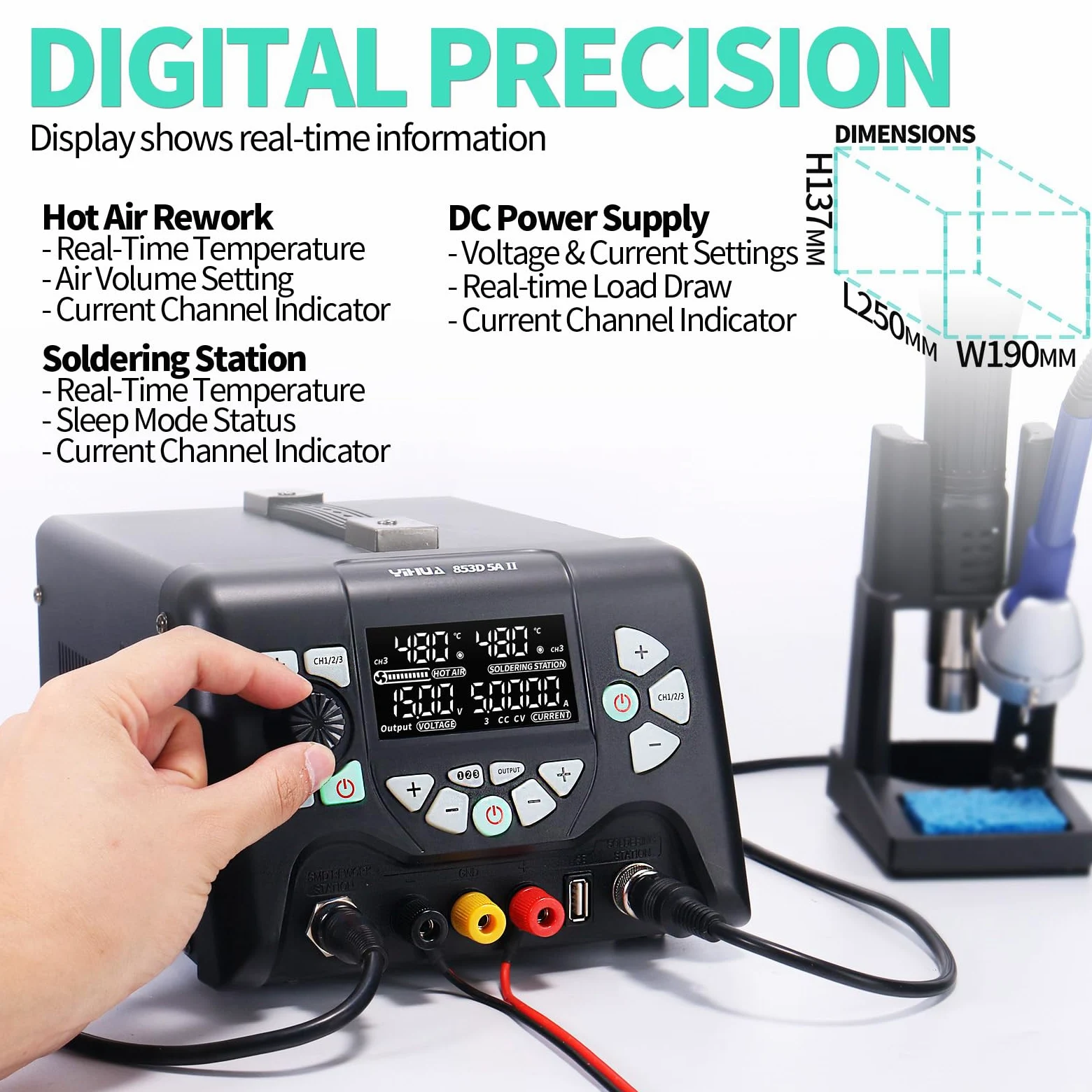 YIHUA 853D 5A-II Professionale Stazione Saldatore Saldante Aria Calda Alimentatore da Banco 3-IN-1 0-30.00V 0-5.0000A regolabile con 21 accessori(EU PLUG)