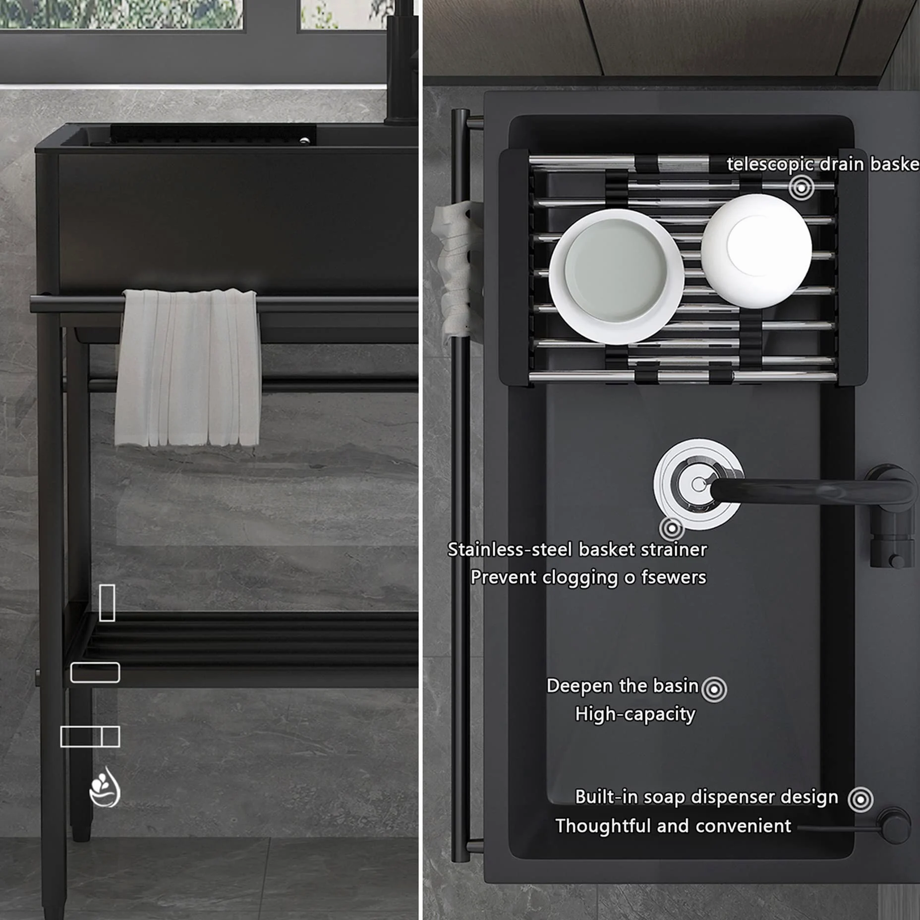 Lavello Cucina 1 Vasca,Mobile Lavabo Esterno Acciaio Inox 304,con Rubinetto E Cestello Allungabile,Distributore Di Sapone,Lavandino Nero Multifunzione,per Bar Garage Ristorante Lavanderia (Size : 80*