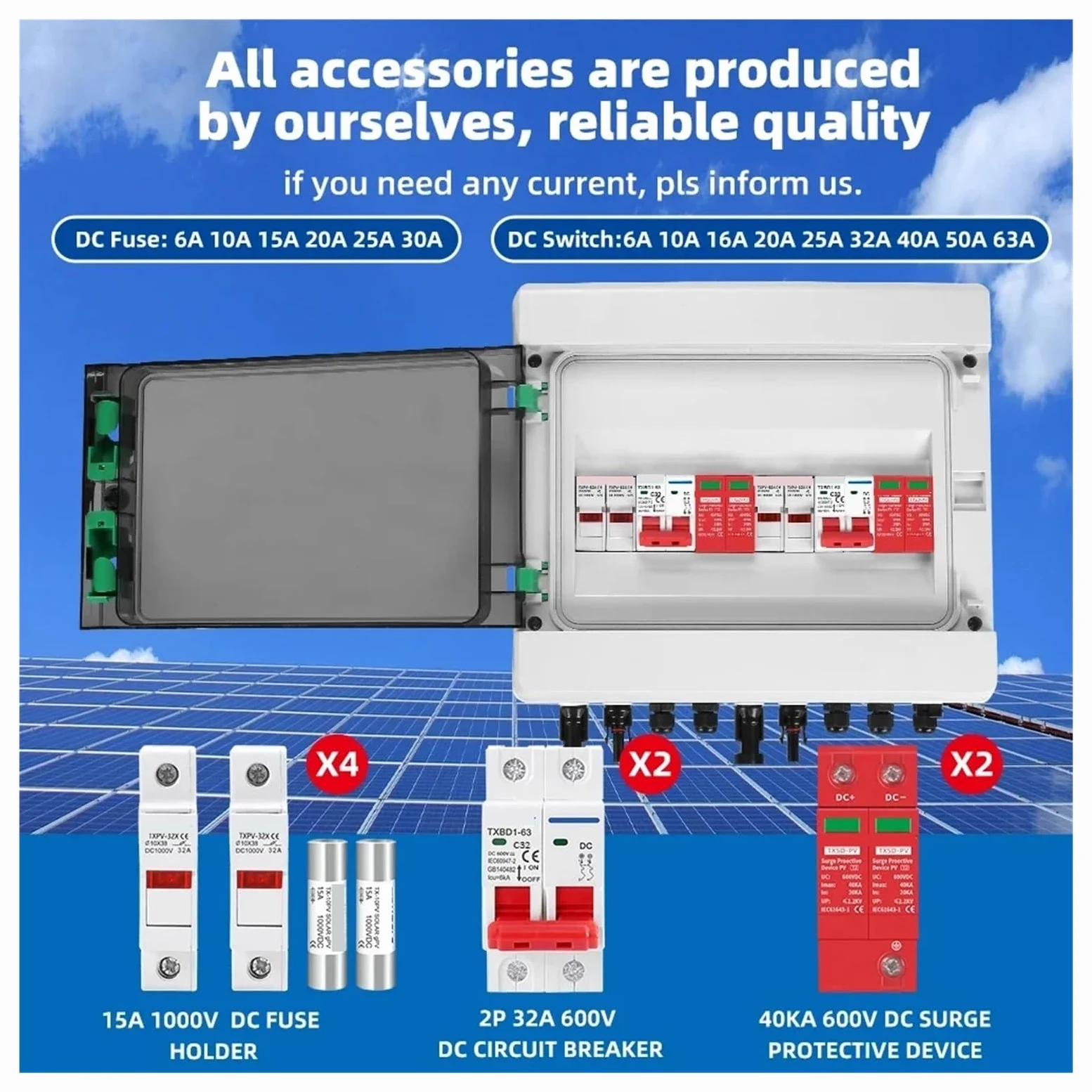 Quadro combinatore fotovoltaico solare FV Protezione da sovratensioni e fulmini 2 stringhe di ingresso uscita DC 600 V Fusibile MCB SPD leisurely(25A DC MCB)