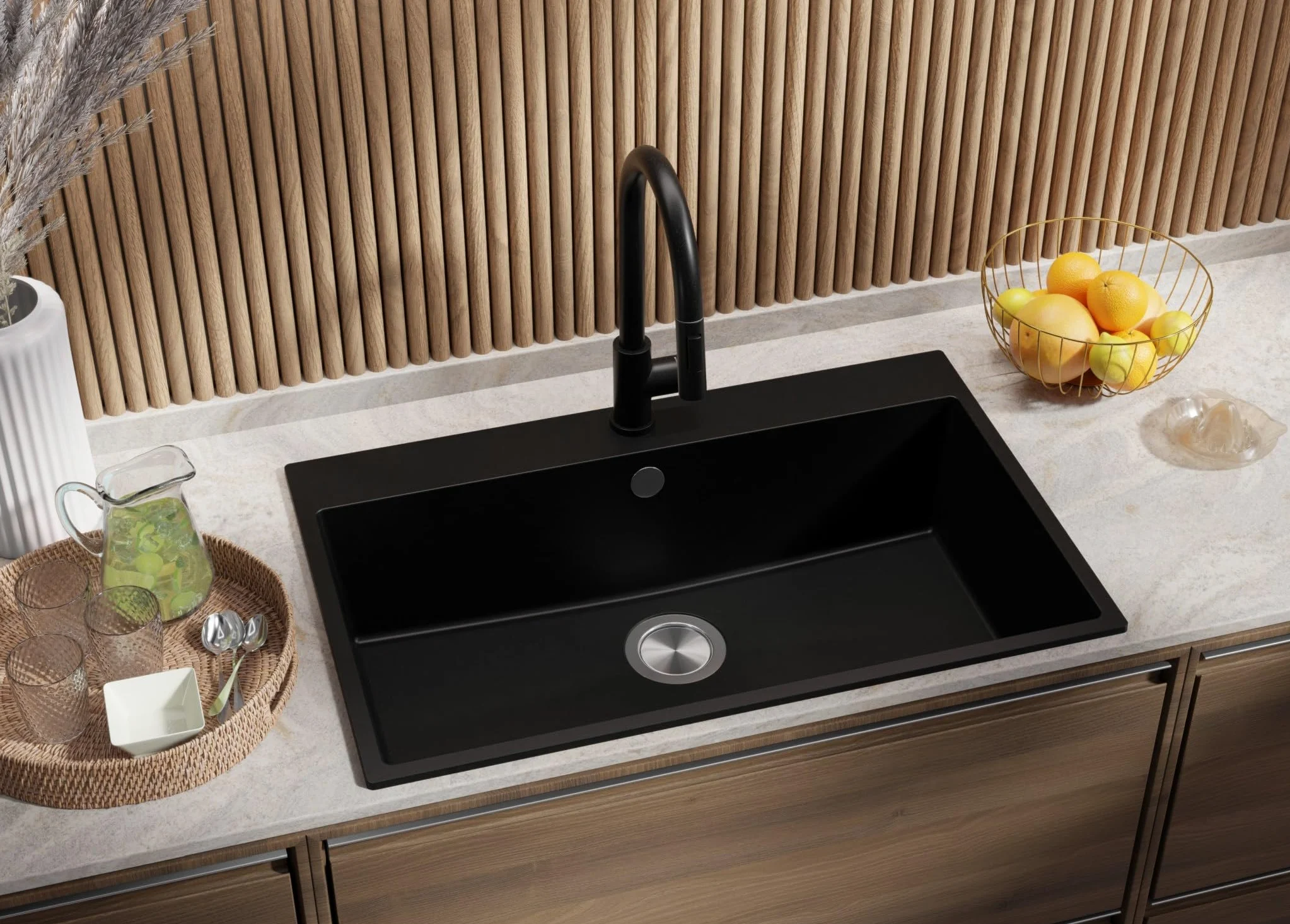PRIMAGRAN Lavandino da Cucina Tutto Nero 78x50cm, Lavello in Granito a 1 vasca + Rubinetto 40x20cm + Set di accessori, Lavabo da Cucina Incasso al Mobile 80cm - Riga S483