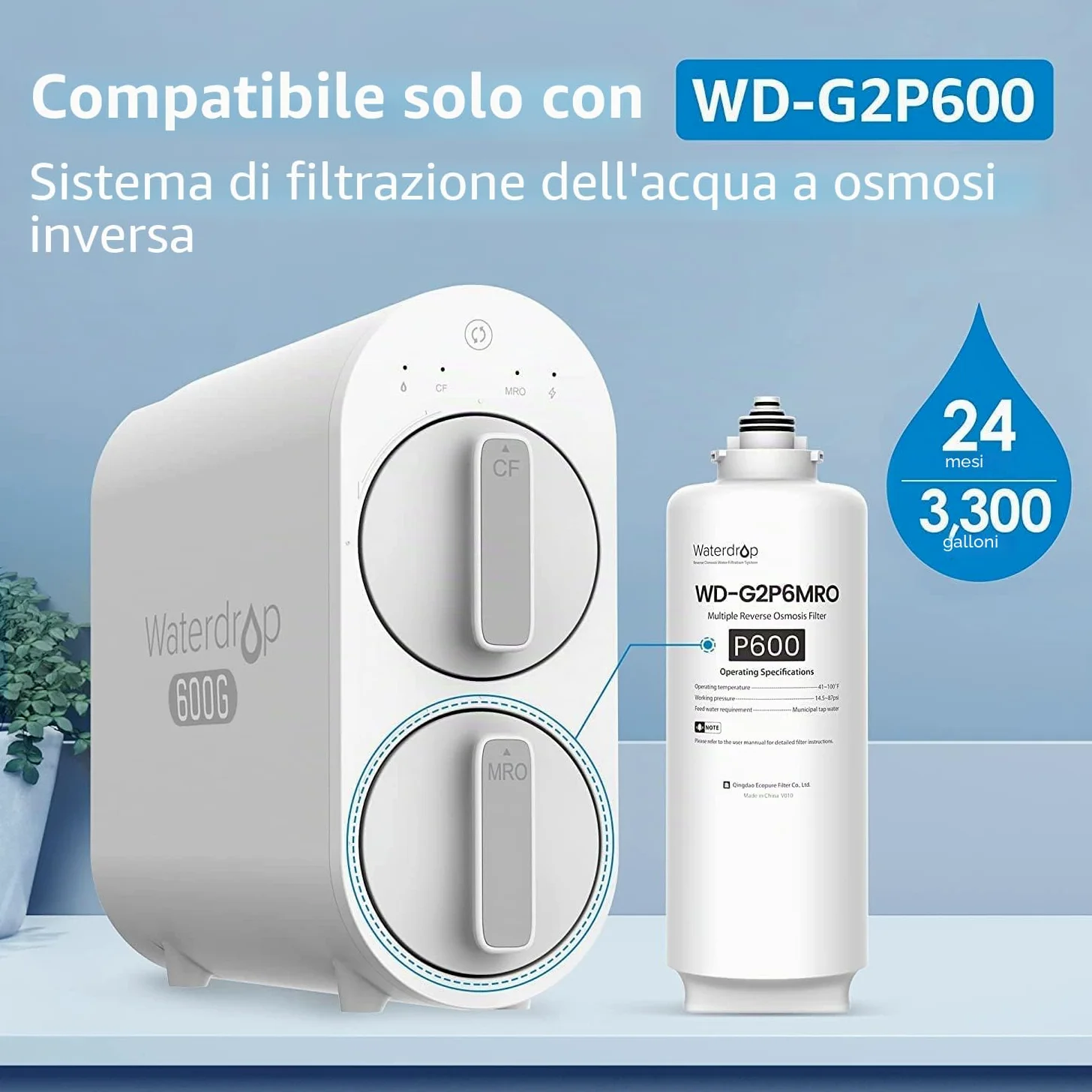 Waterdrop Filtro WD-G2P6MRO, ricambio per sistema di osmosi inversa WD-G2P600-W