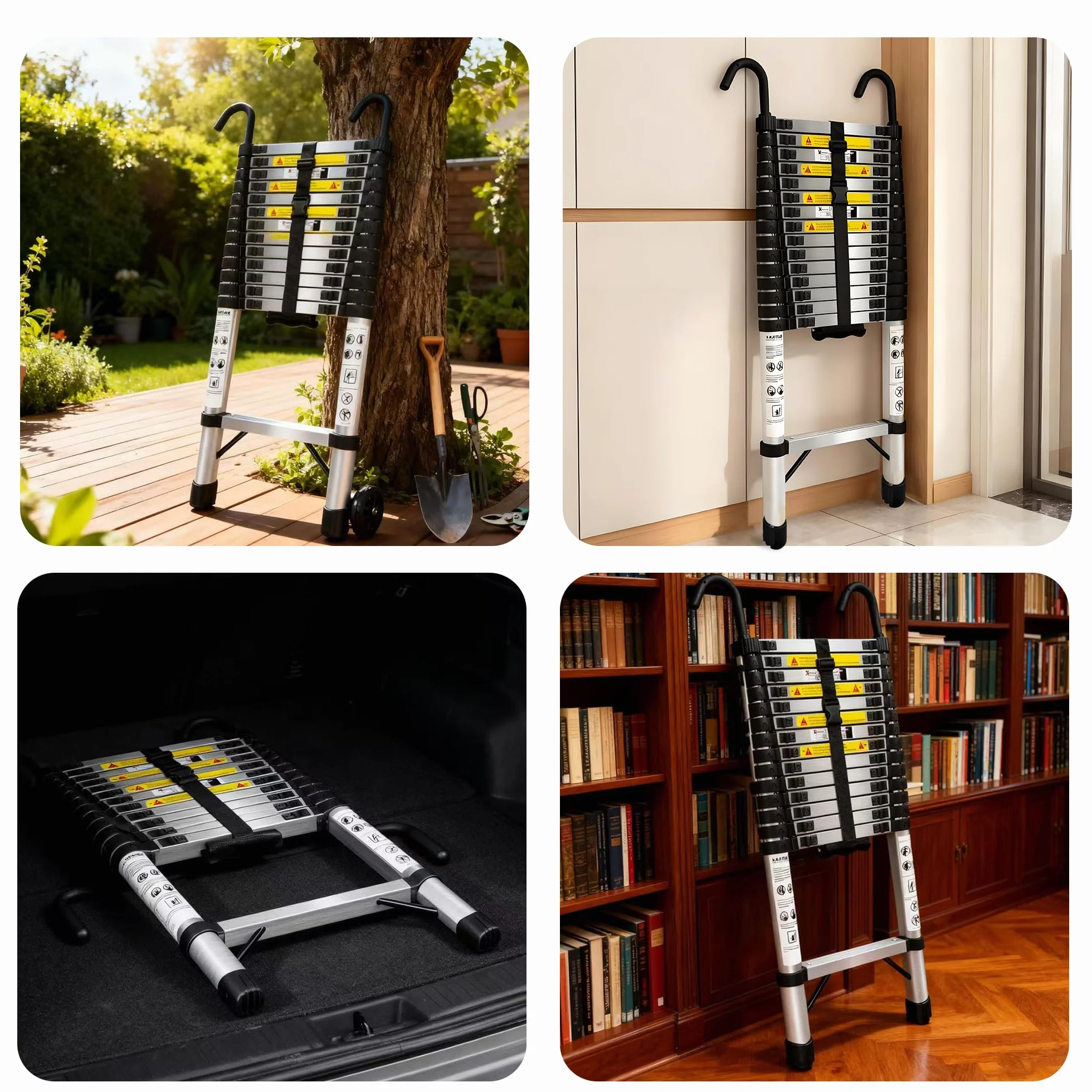 6.3m Scala telescopica in Acciaio Inossidabile,Scala Telescopica Pieghevole con Ganci Staccabili Barra Stabilizzatrice,Scala Retrattile Adatto per Migliorie domestiche Carico 150 KG