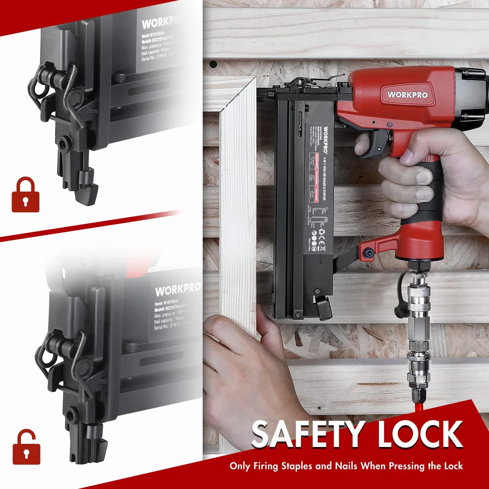 WORKPRO Chiodatrice Pneumatica 2 in 1, 18GA 9040/F50 Sparachiodi Aria Compressa max 7,1 bar con 400 Chiodi e 300 Graffette, Adatto per la fabbricazione di mobili, decorazione d'interni ecc