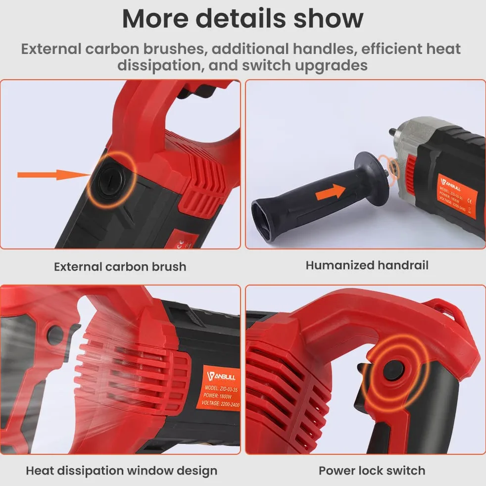 Anbull 1800W Vibratore elettrico per calcestruzzo, Lunghezza 2 m, frequenza 5500 rpm, diametro 35 mm