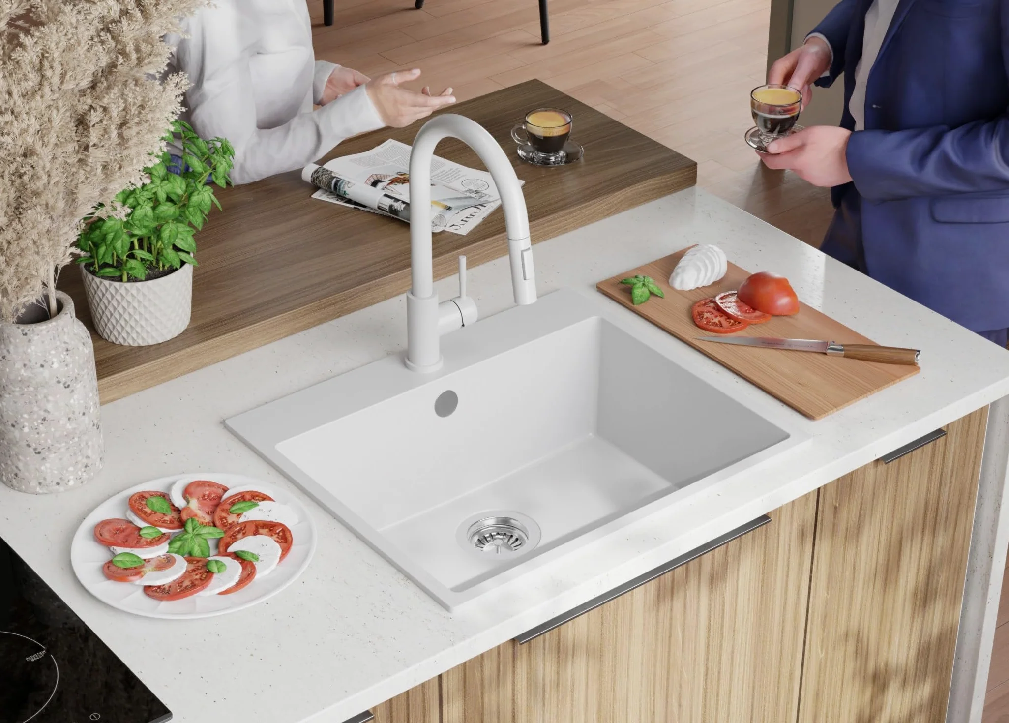 PRIMAGRAN Lavello da Cucina Tutto Bianco 58x50cm, Lavandino in Granito a 1 vasca + Sifone Classico, Lavabo da Cucina Incasso al Mobile 60cm - Riga S312