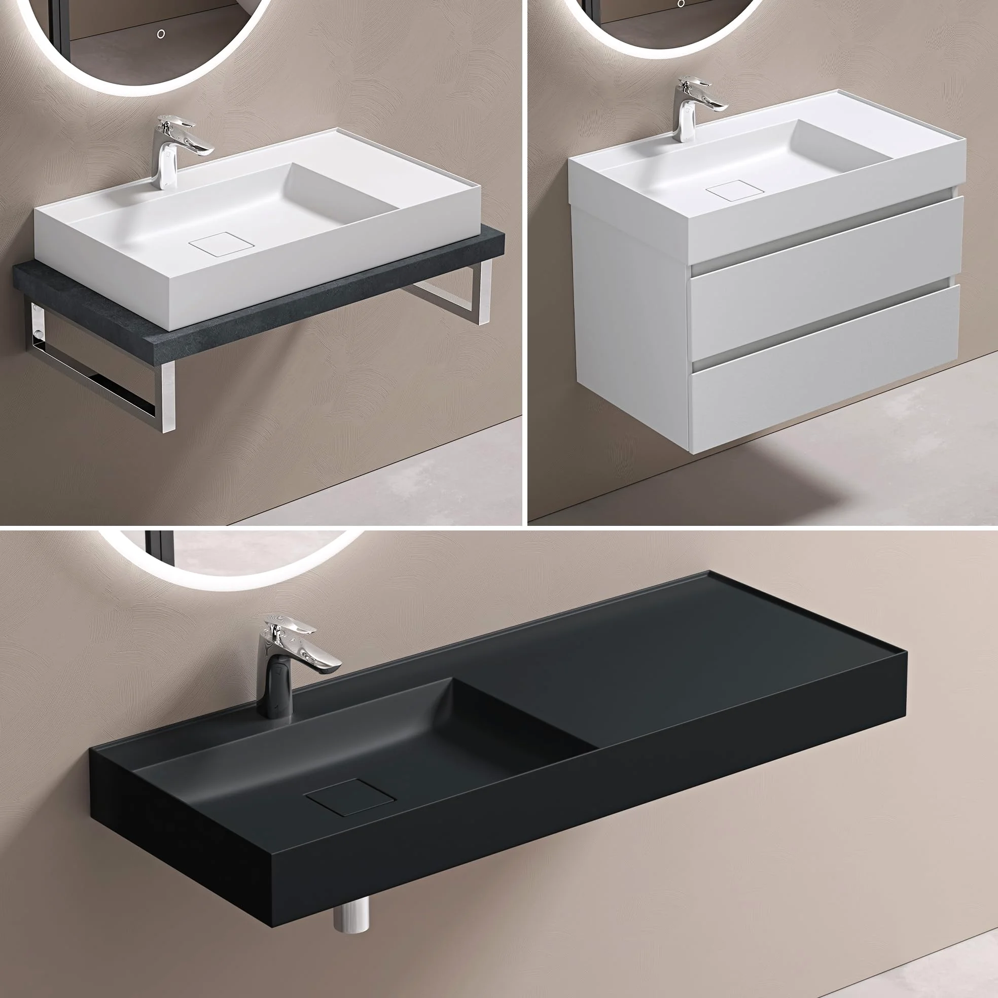 doporro Lavabo Bagno Sospeso 120 cm Rettangolare in Resina Bianco Opaco con Vasca Integrata Centrale e Piletta Inclusa – Colossum630