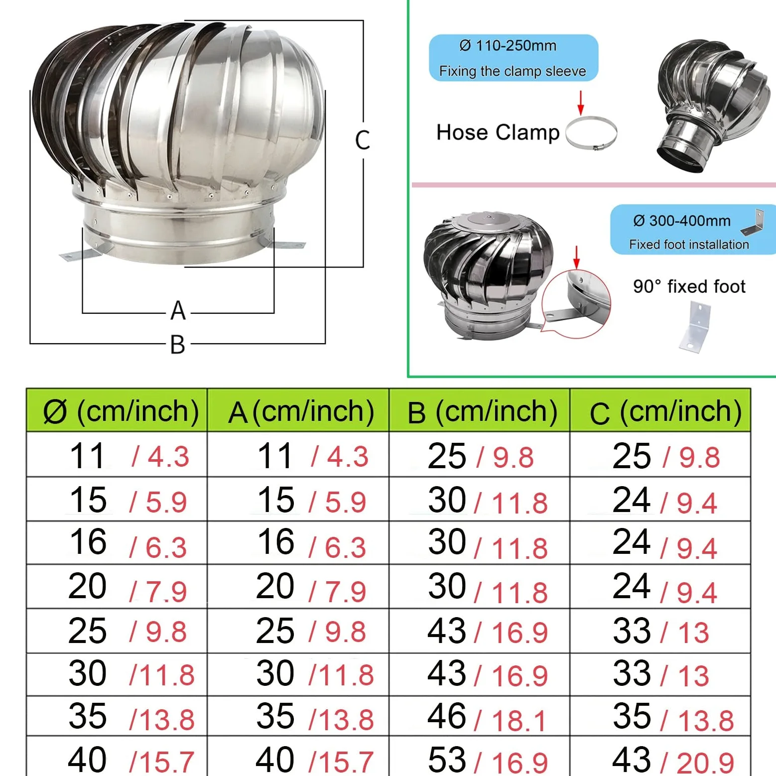 Comignolo Girevole per Camini in Acciaio Inox, Comignolo Canna Fumaria Camino Cappello Testa Girevole Cuscinetto Zincato, Cuscinetto Zincato Cappello Eolico alle Intemperie alla Ruggine