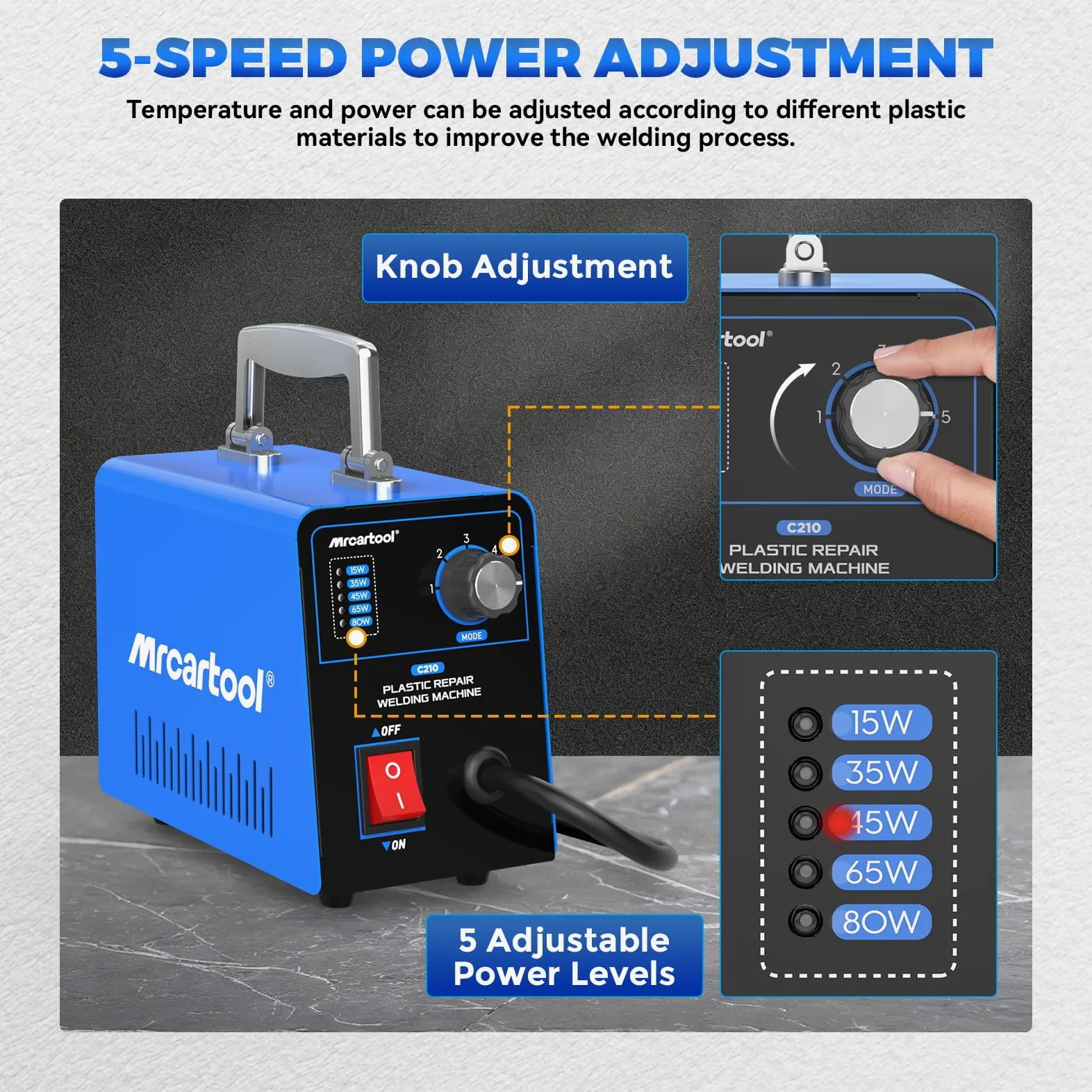 MR CARTOOL Saldatore per Plastica con 600pcs Graffette, Kit di Riparazione Paraurti Auto con 15W/35W/45W/65W/80W Regolabile, 220V Plastica Saldatrice Pistola Riparazione Macchina (Blu)
