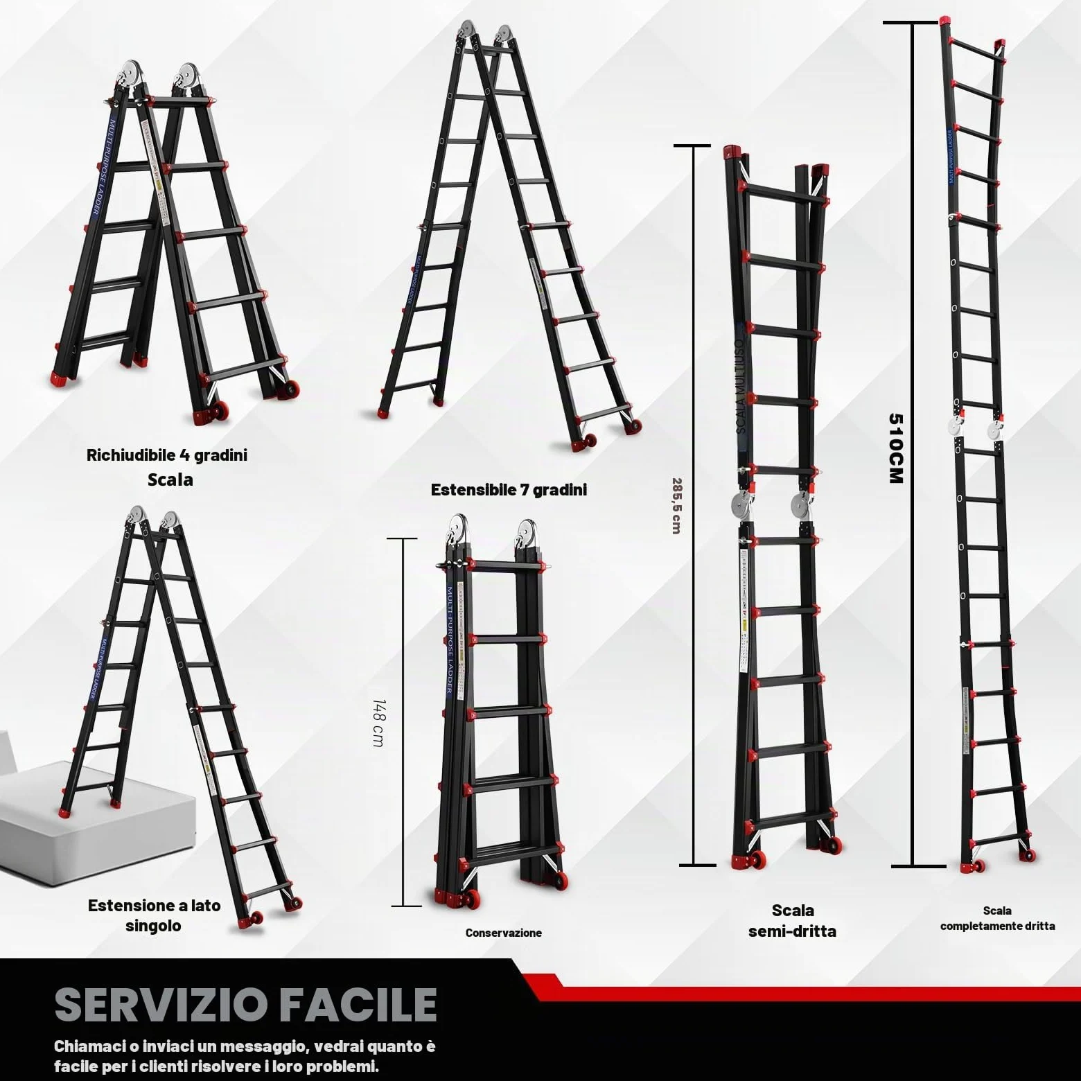 TEENO Scala Pieghevole Multifunzione 5,1 m, Scala telescopica con 2 Rimovibile Ruote e Base Rinforzata Triangolare, 5x5 Gradini, Carico 150KG, Nero