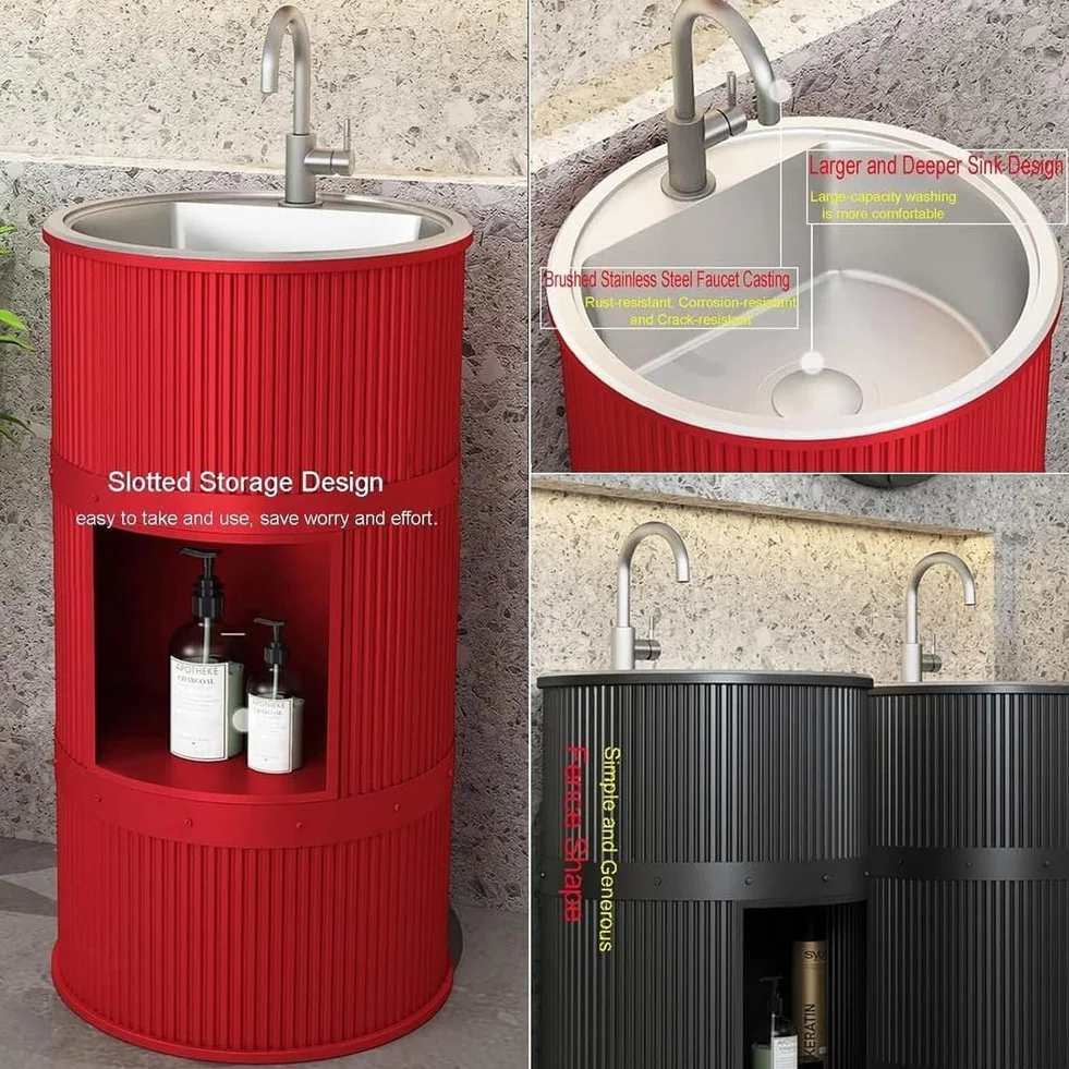 ZTGL Mobile da Bagno con Lavabo in Acciaio Inox, Lavandino a Colonna in Ferro Battuto Stile Industriale Mobile da Bagno, Lavandino su Piedistallo con Rubinetto e Scarico,Argento