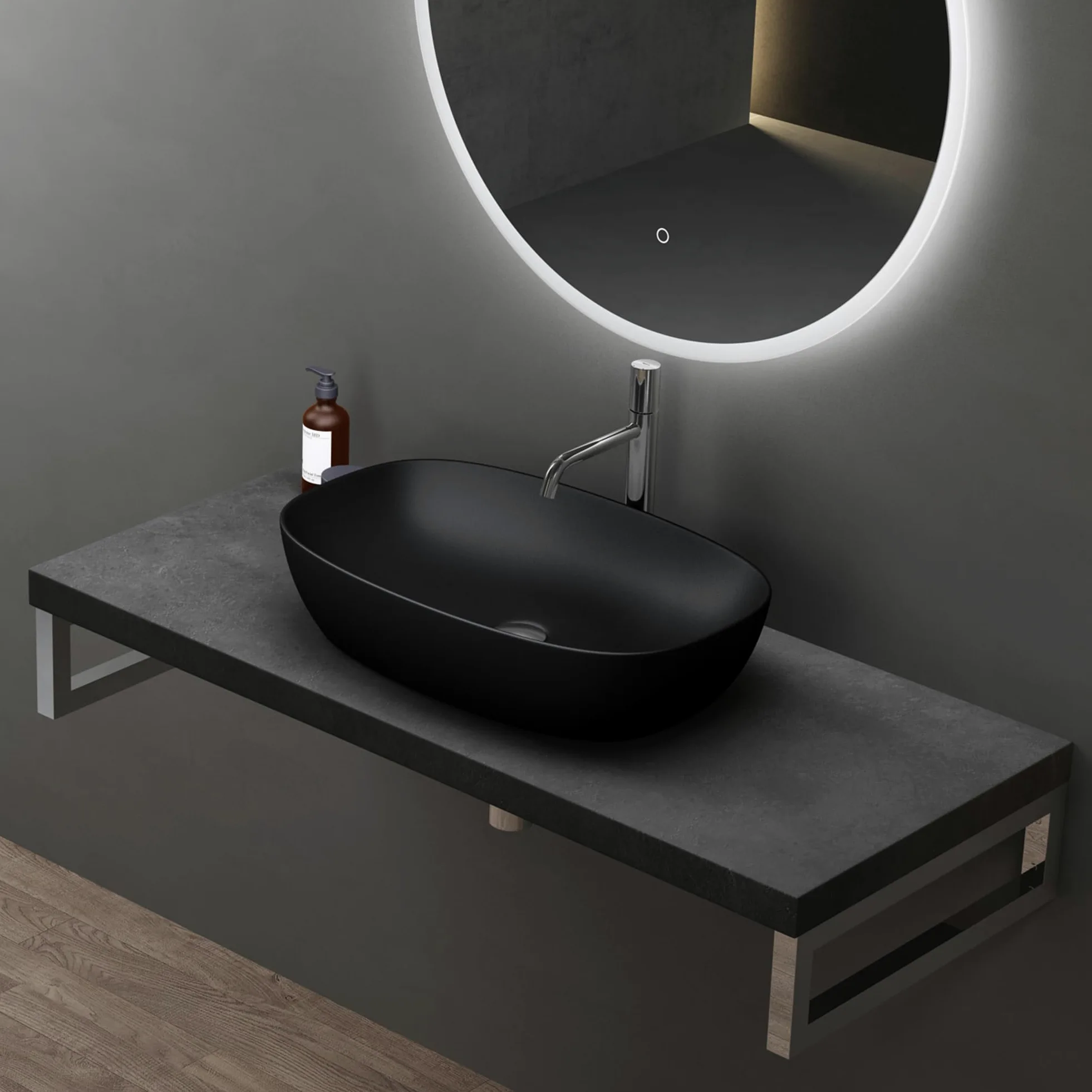 doporro Lavabo da Appoggio 60x39,5x14cm, Lavandino Bagno Brüssel104 in Ceramica con Nano Rivestimenti inclusi, Nero opaco