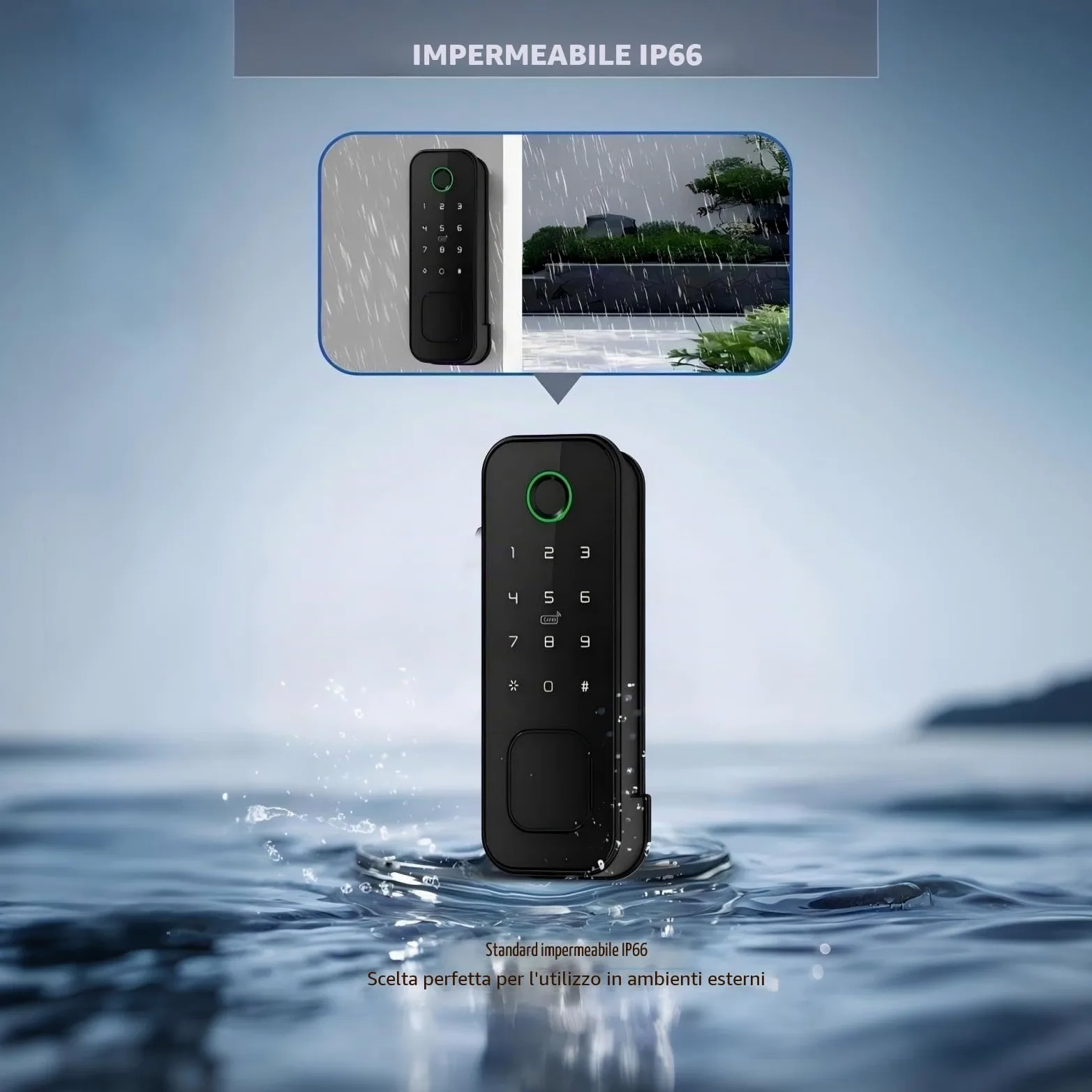 Serratura Smart da Esterno Impermeabile IP66 - Accesso con Impronta Digitale e Tessera su Entrambi i Lati - 5-in-1 con WiFi per Cancelli da Giardino (Nero)