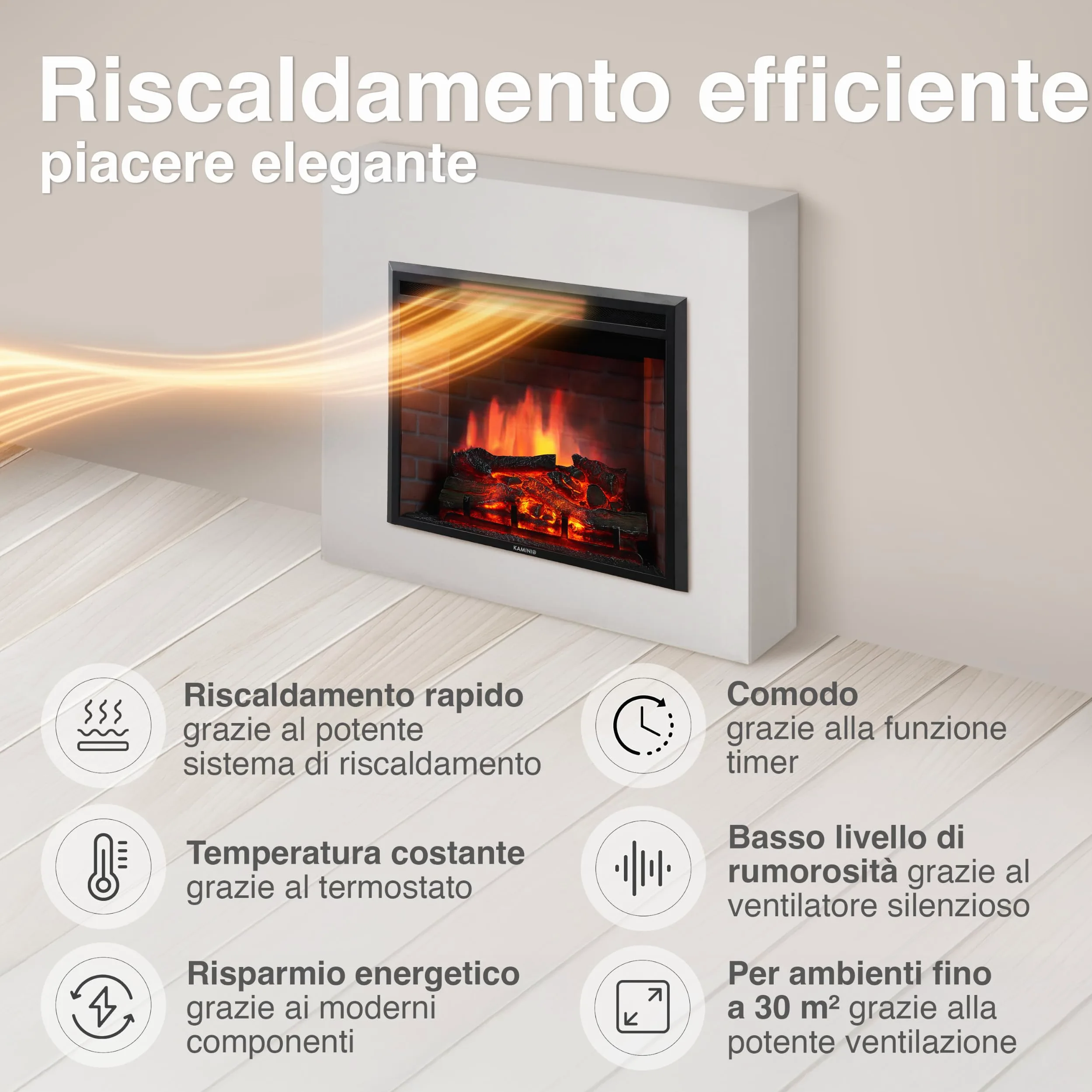 KAMINIO Camino elettrico LUCA - Camino elettrico a incasso con riscaldamento, effetto fiamma 3D, 12 colori di fiamma, telecomando (30 pollici)