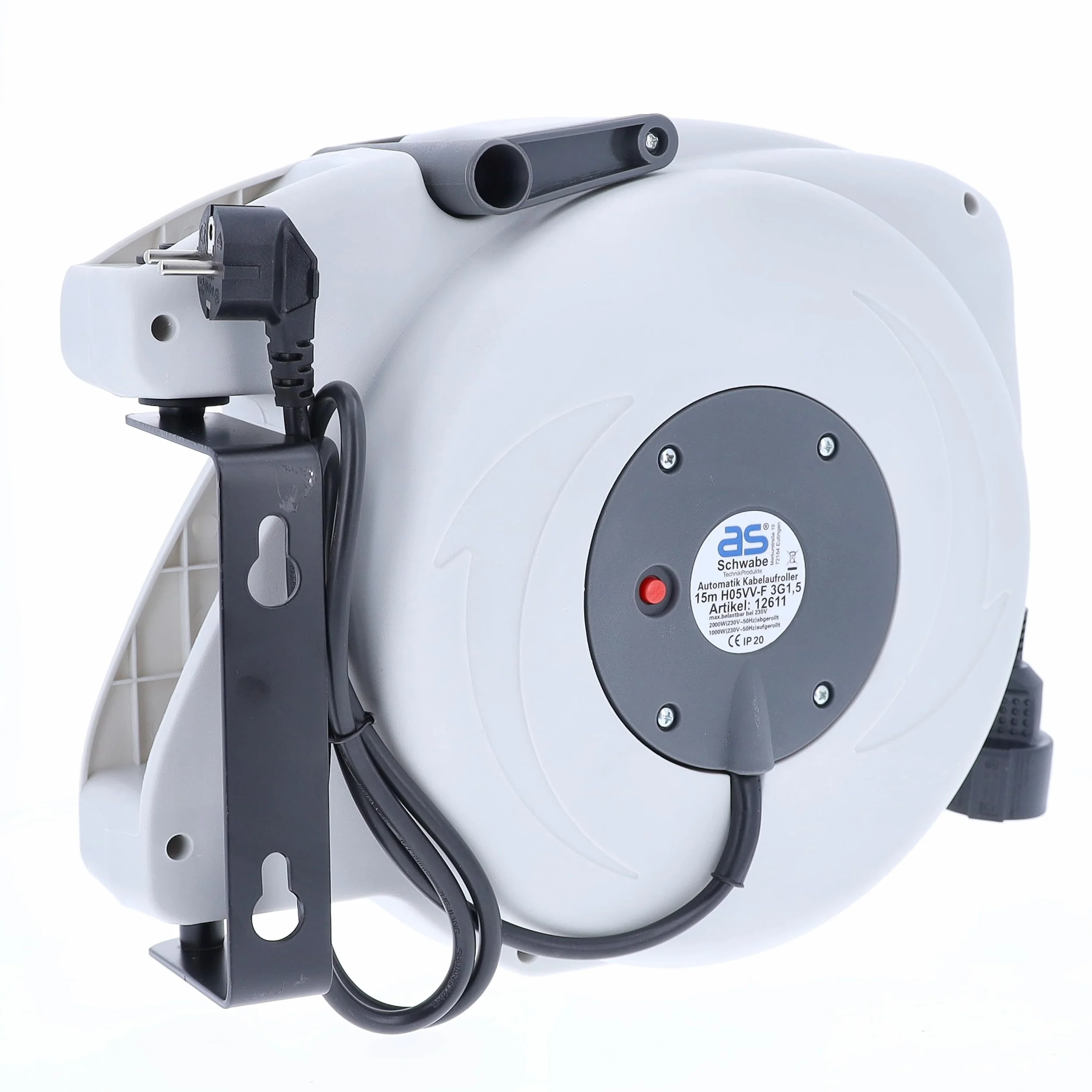 as - Schwabe avvolgicavo automatico 20 m, 180° orientabile, montaggio a parete o soffitto, rimovibile uso mobile, 230 V 16 A, IP20 interno