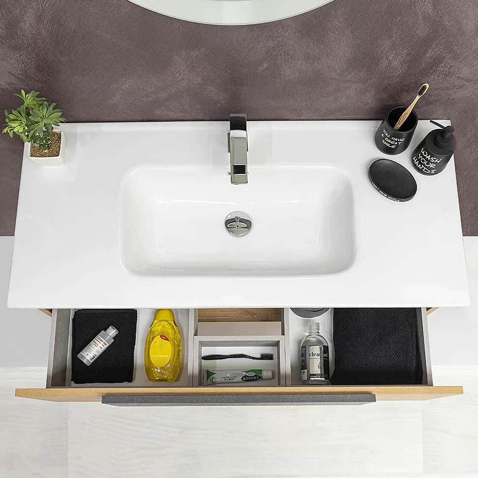 Lavabo consolle da Incasso su Mobile, Rettangolare in Ceramica Bianco Lucido, con Foro troppopieno