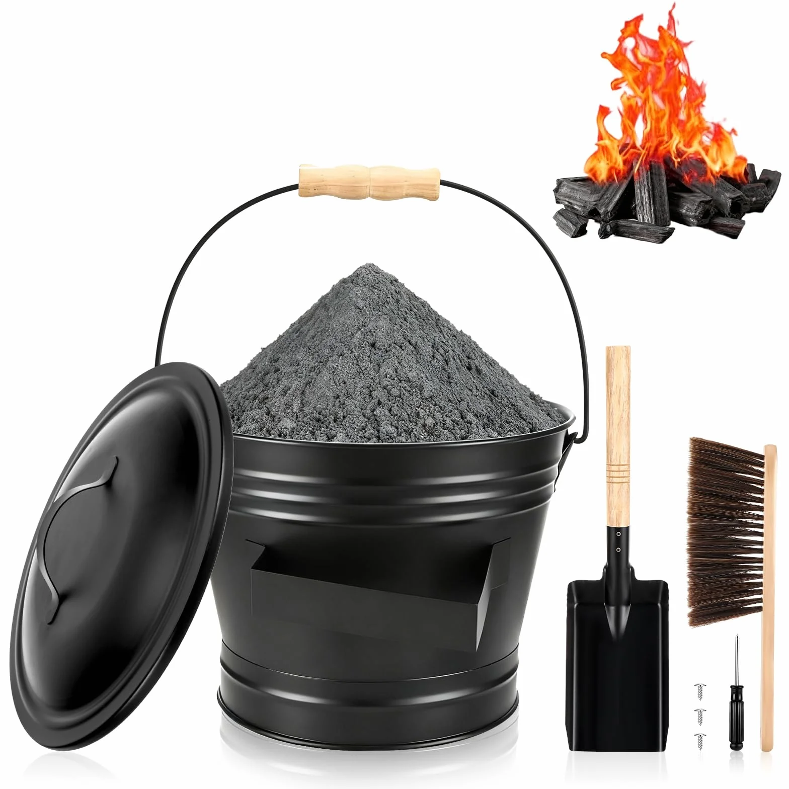 Secchio per Cenere Camino, 5L Secchio Raccogli Cenere con Coperchio, Secchio per Cenere in Metallo con Pala e Scopa, per Focolare, Braciere, Caminetto